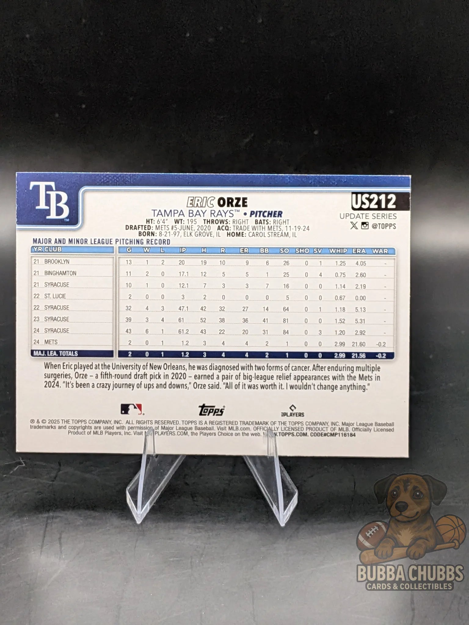 Baseball trading card featuring rookie Eric Orze of the Tampa Bay Rays topps update series orange and black striped parallel