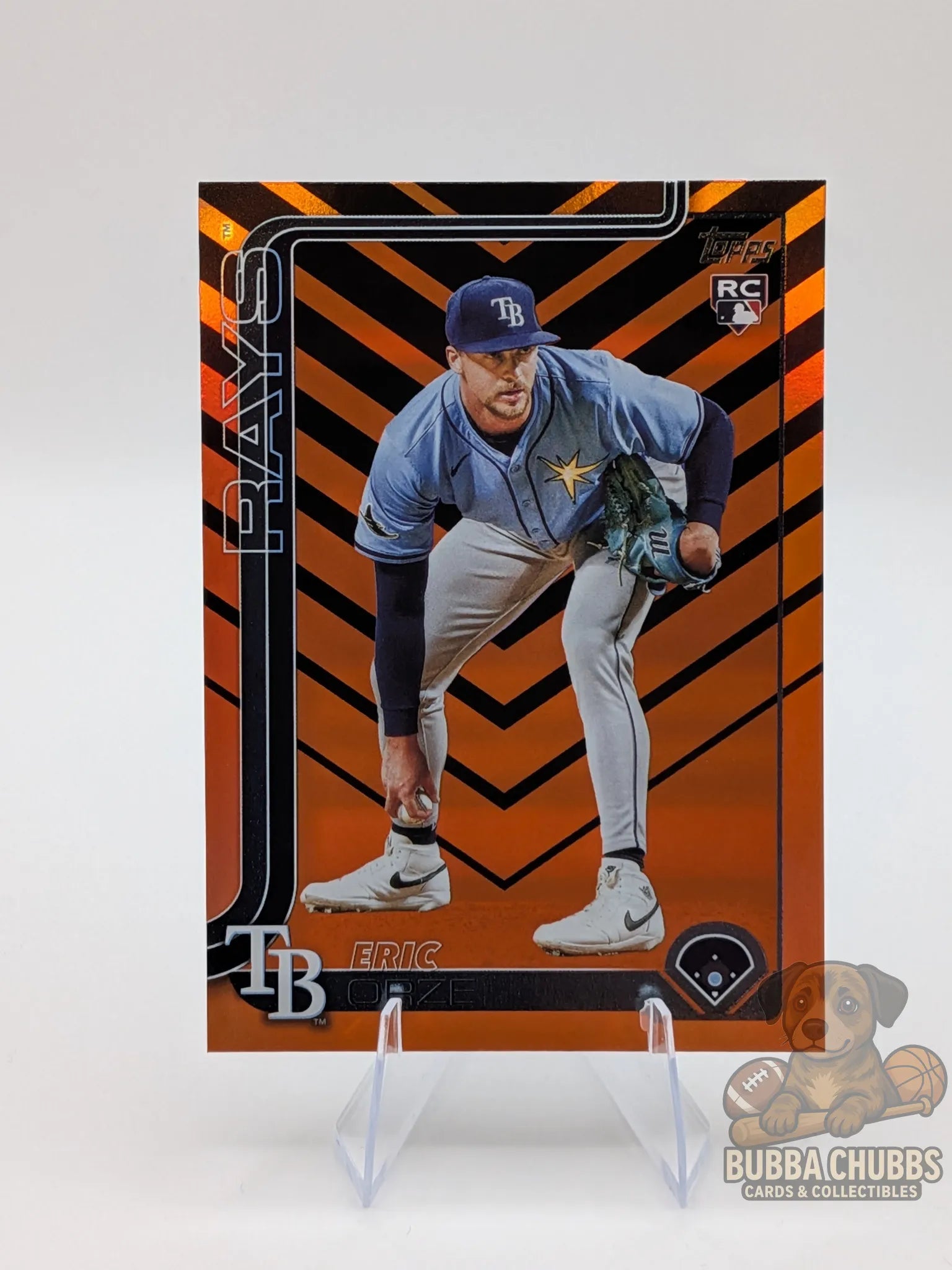 Baseball trading card featuring rookie Eric Orze of the Tampa Bay Rays topps update series orange and black striped parallel