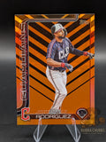 Baseball trading card of Johnathan Rodriguez of the Guardians topps update series rookie orange and black parallel  