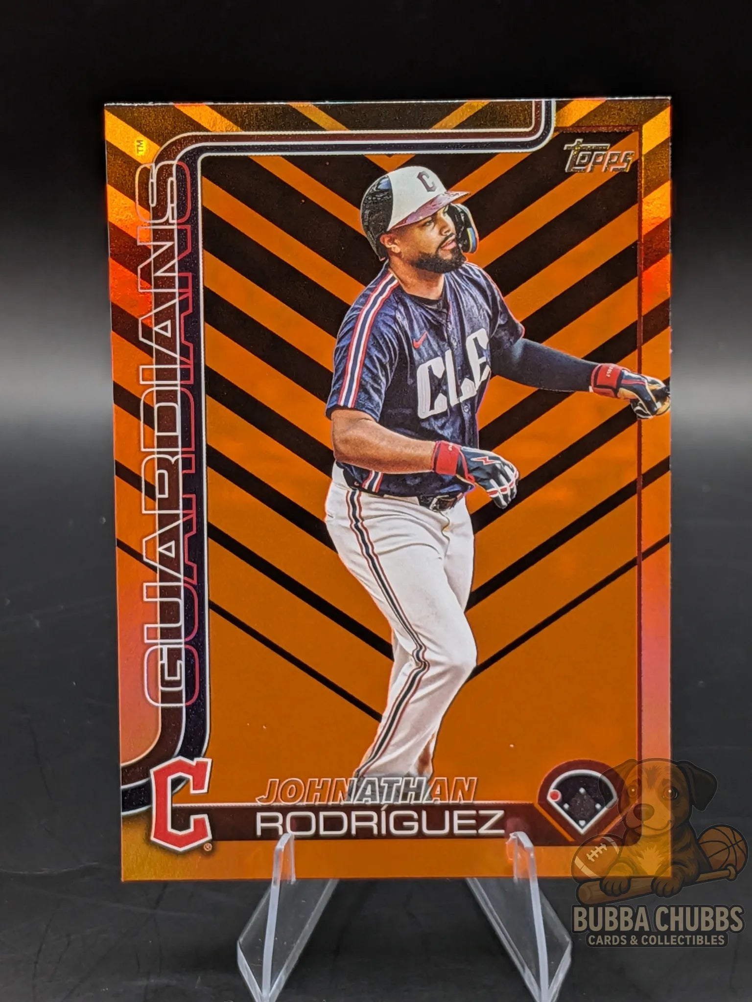 Baseball trading card of Johnathan Rodriguez of the Guardians topps update series rookie orange and black parallel  