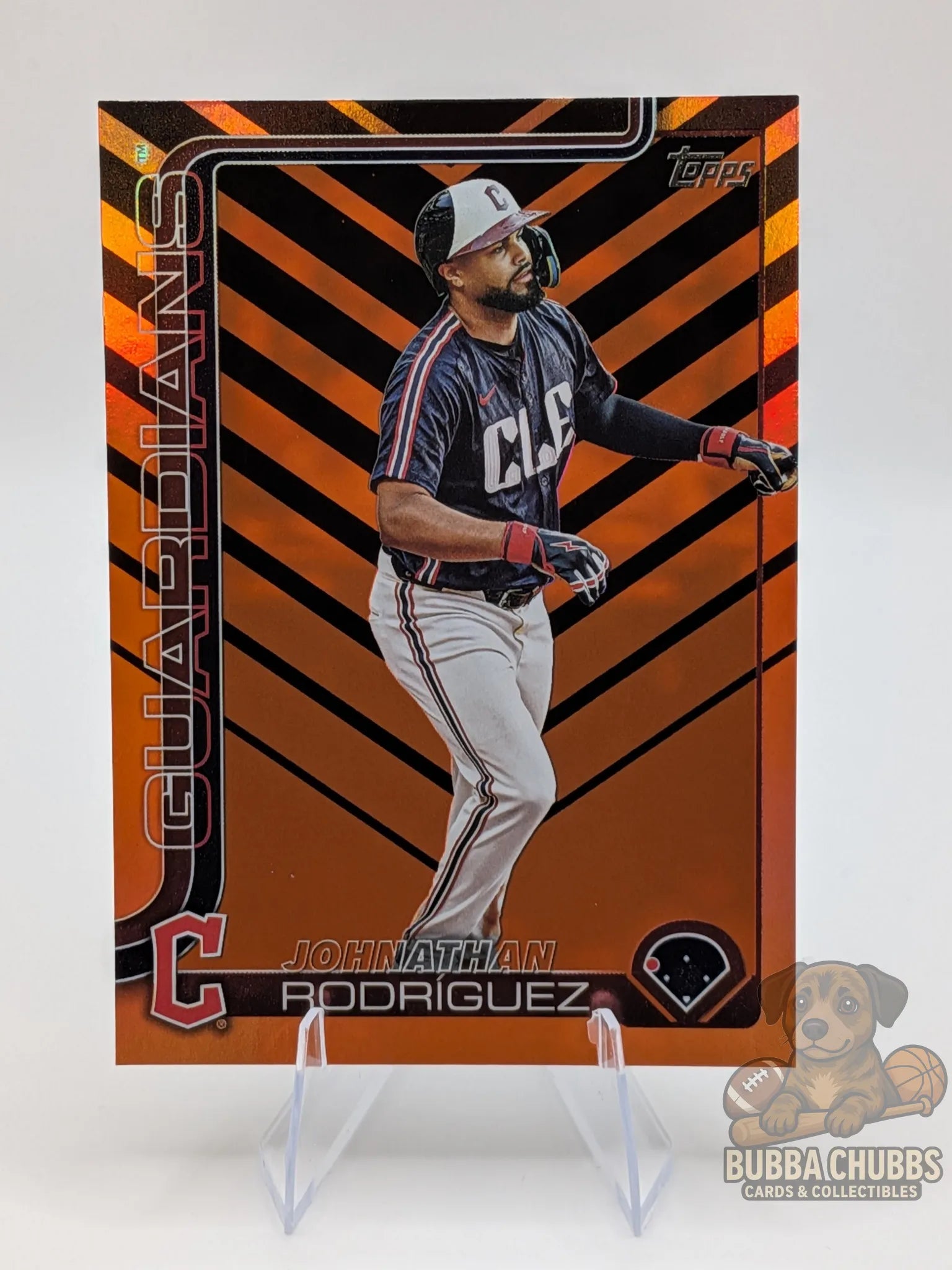 Baseball trading card of Johnathan Rodriguez of the Guardians topps update series rookie orange and black parallel  