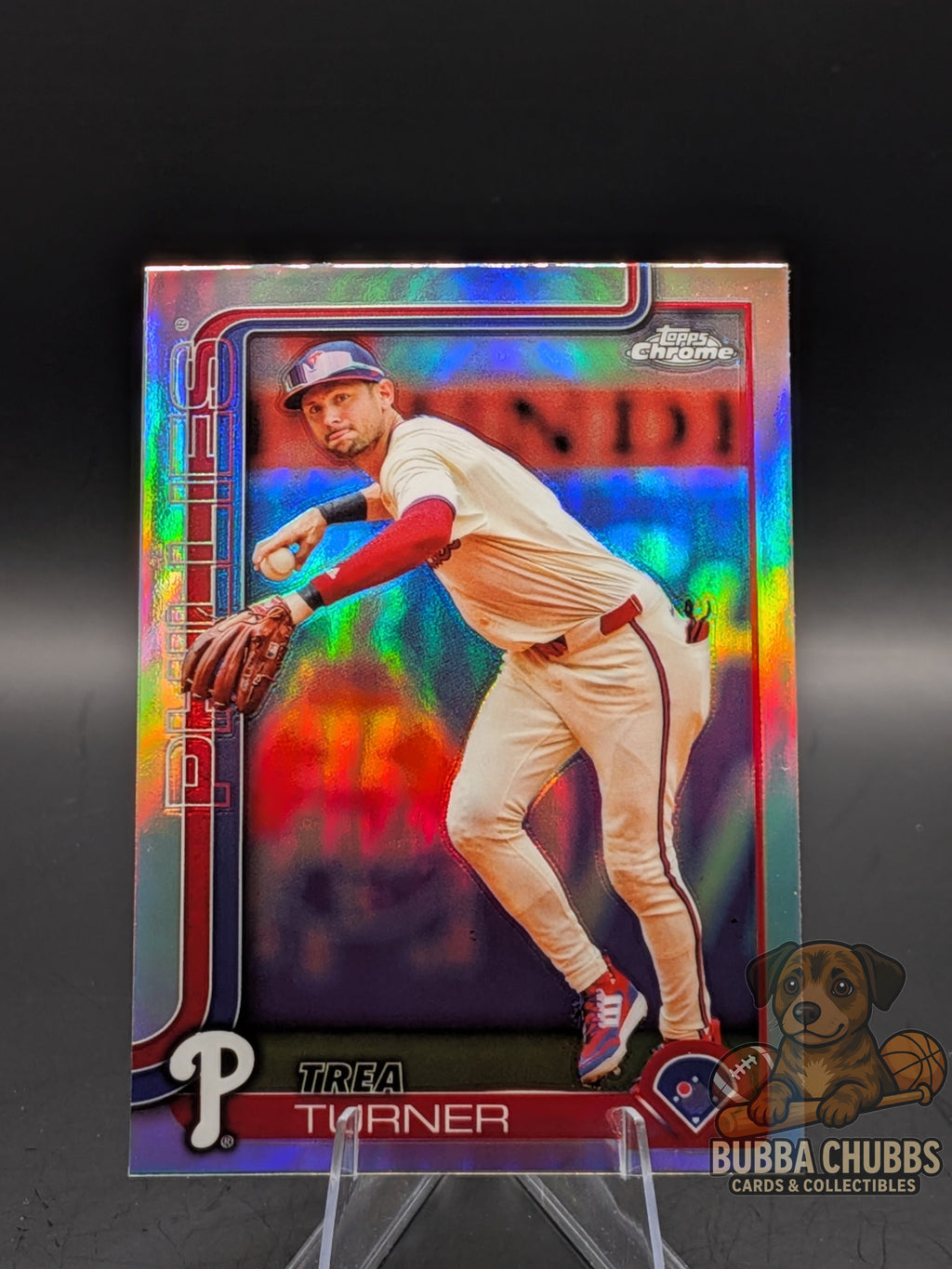 Baseball trading card of a Trea Turner Topps Chrome 