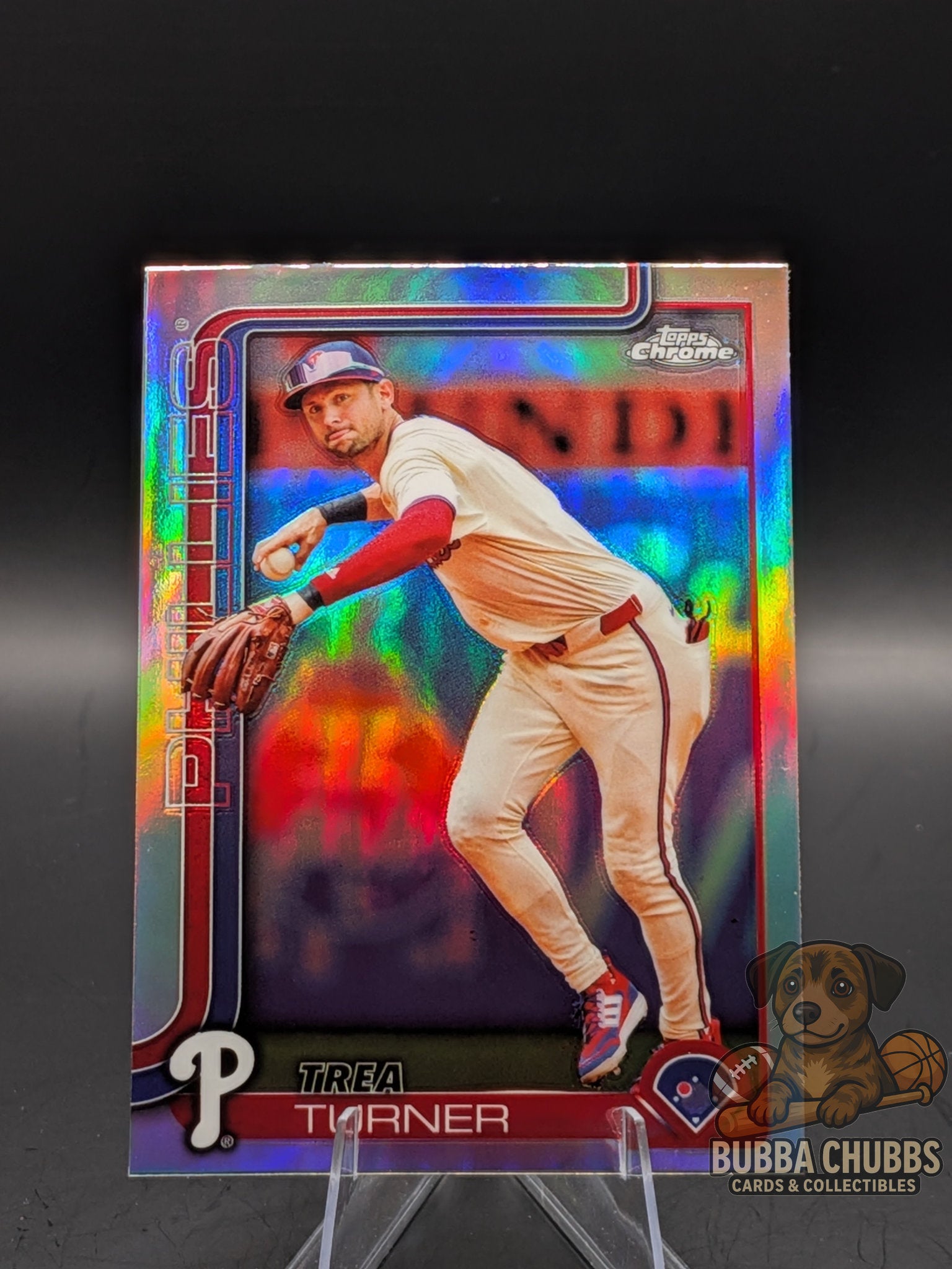 Baseball trading card of a Trea Turner Topps Chrome 