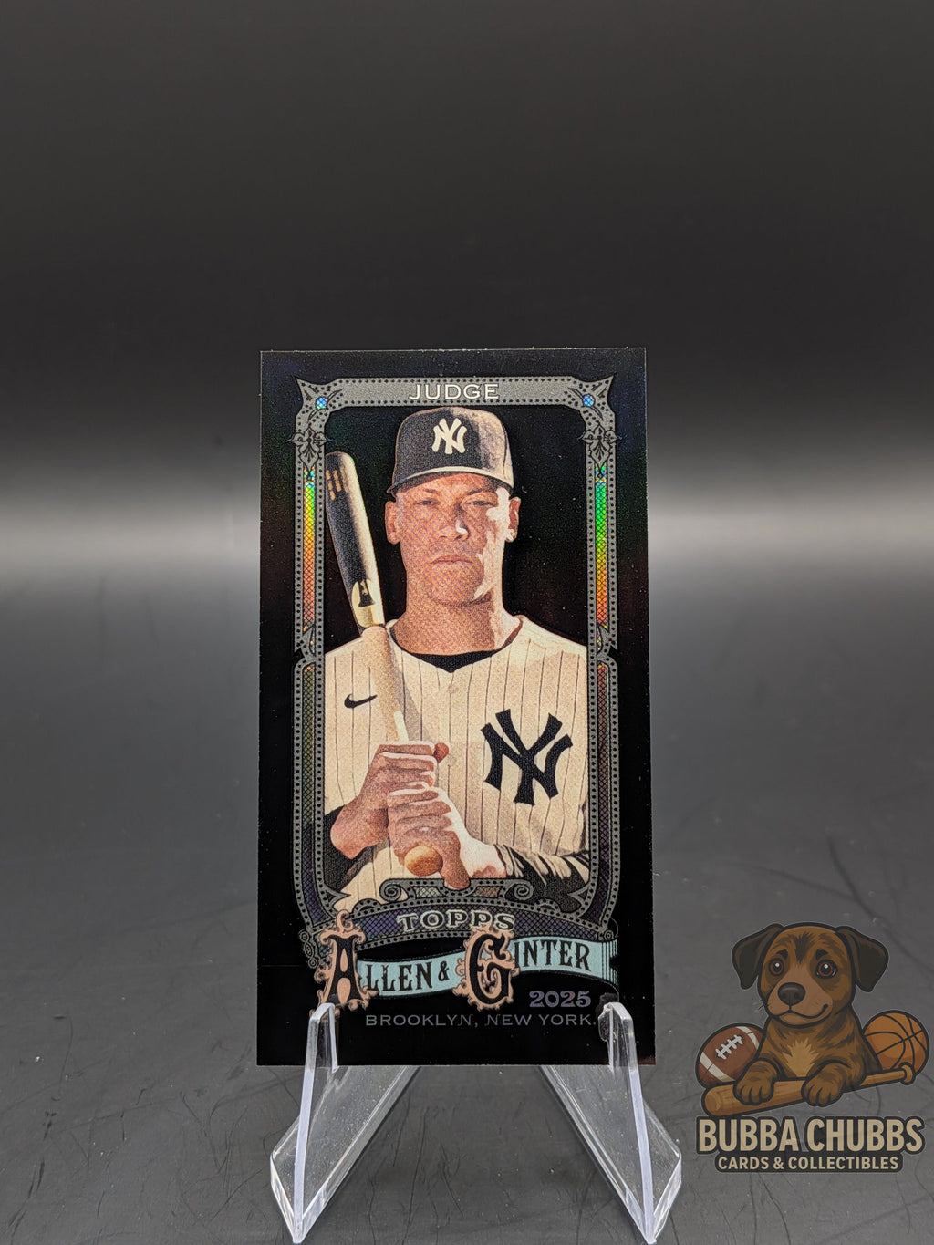 Baseball trading card of Aaron Judge New York Yankees topps allen & ginter x chrome mini insert