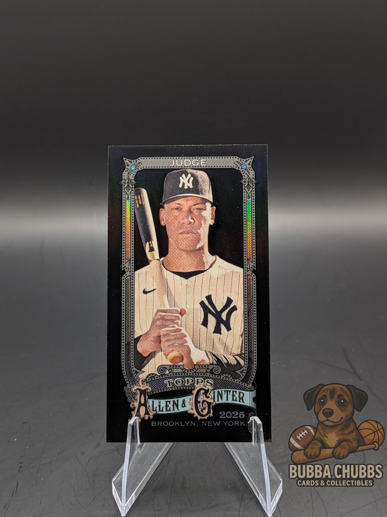 Baseball trading card of Aaron Judge New York Yankees topps allen & ginter x chrome mini insert