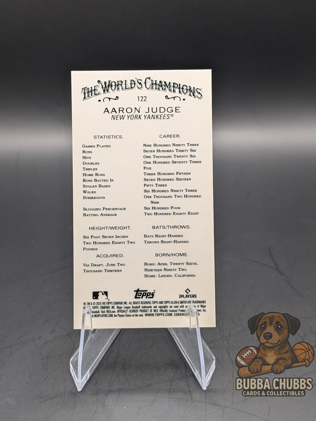 Baseball trading card of Aaron Judge New York Yankees topps allen & ginter x chrome mini insert