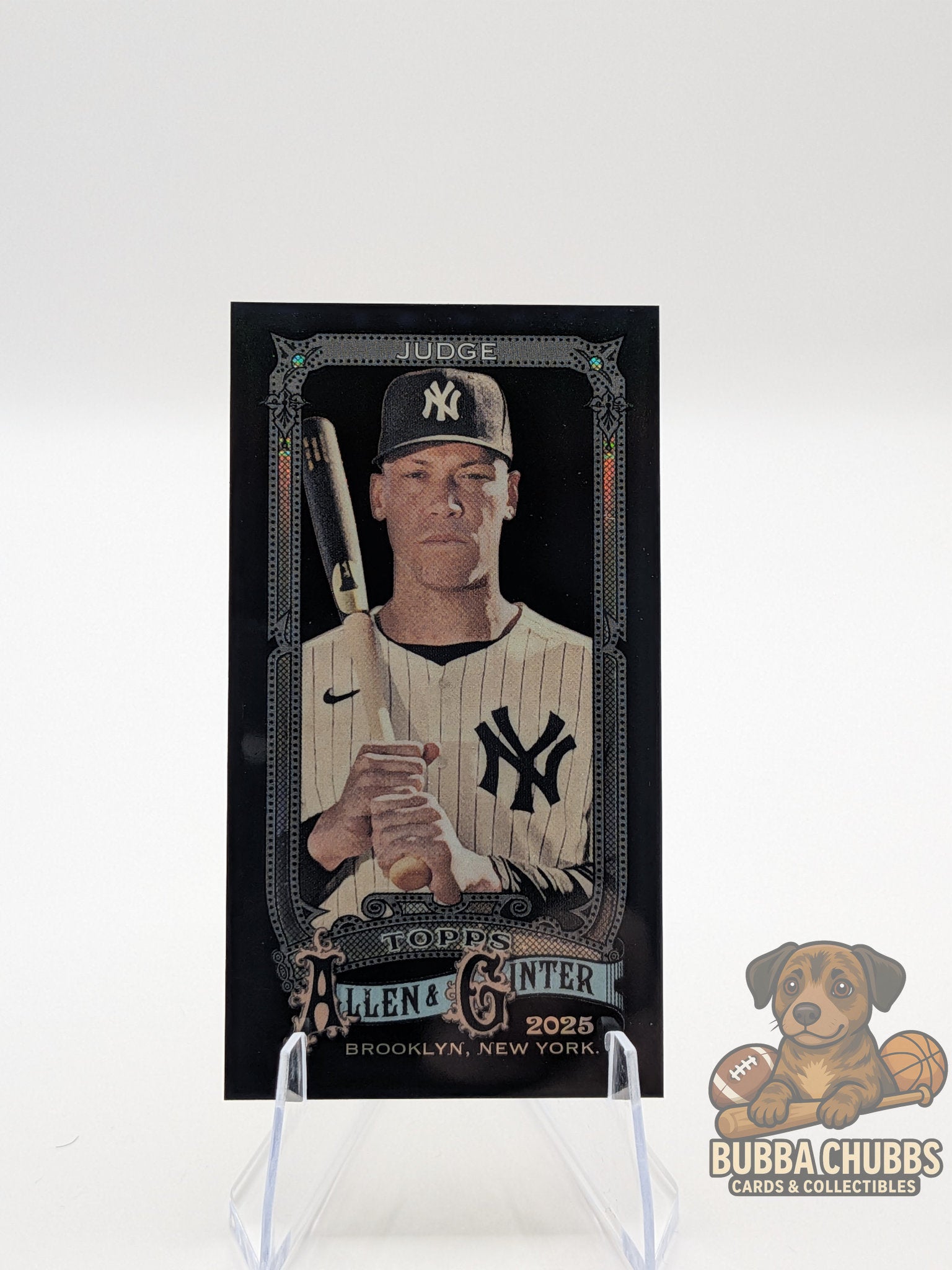 Baseball trading card of Aaron Judge New York Yankees topps allen & ginter x chrome mini insert