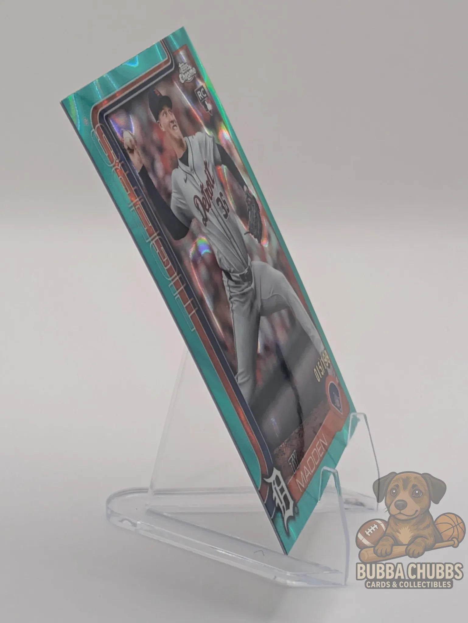 Baseball rookie trading card featuring Ty Madden of the Detroit Tigers Topps Chrome Rookie Aqua Refractor Parallel #285 015/199