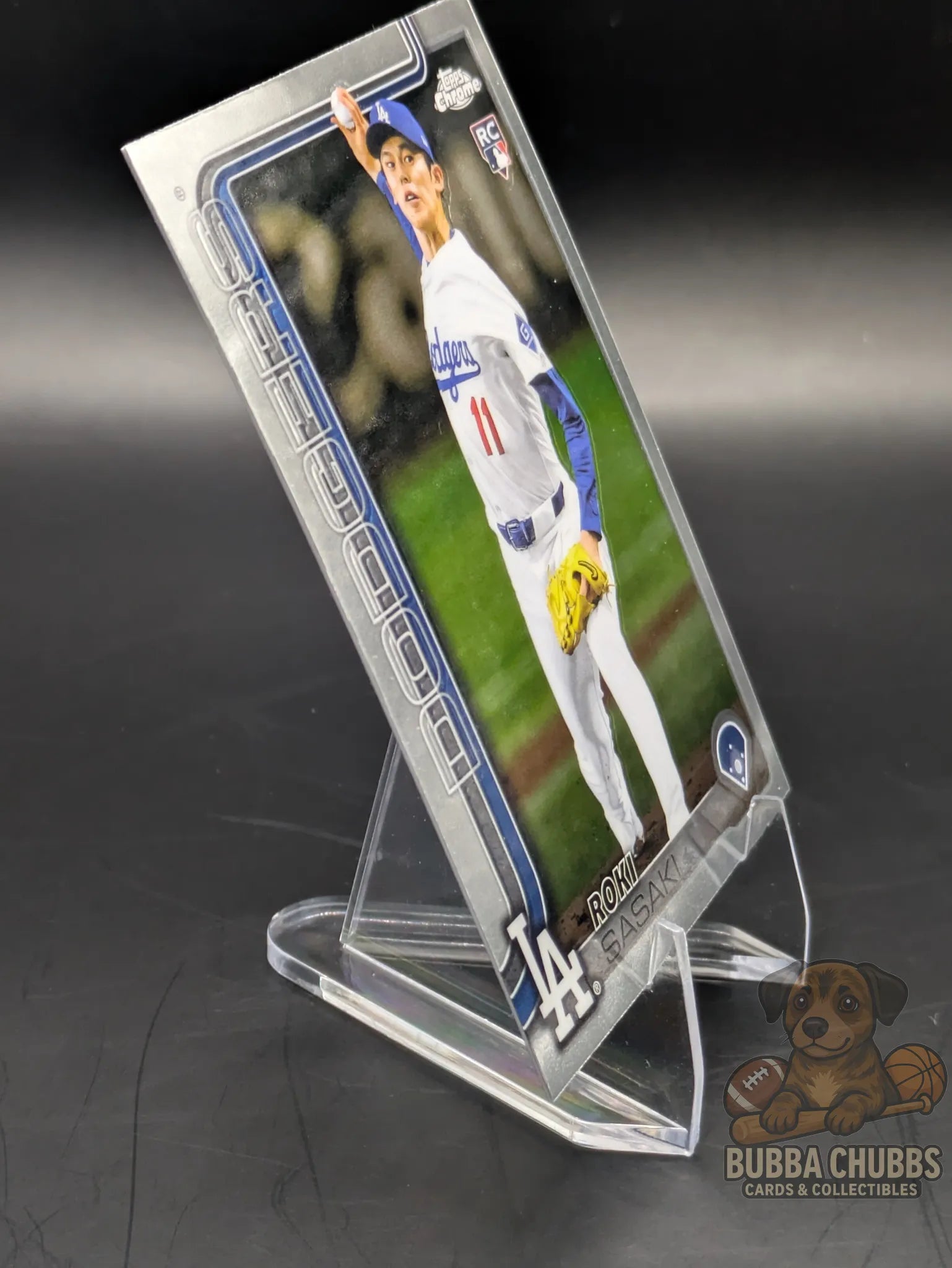 baseball trading card rookie Roki Sasaki from the LA Dodgers topps chrome