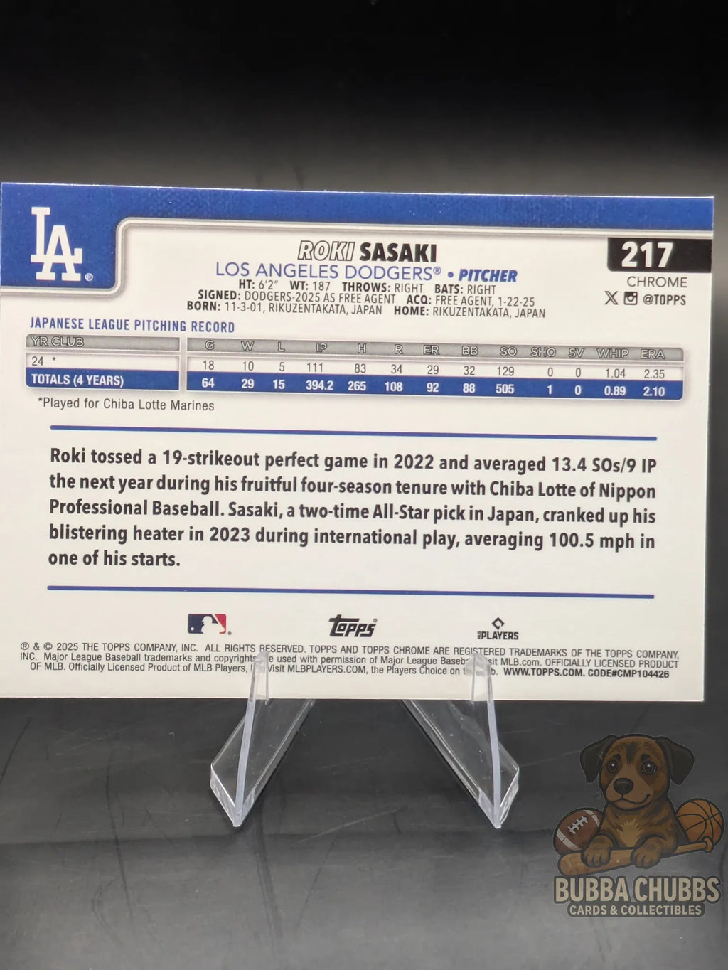 baseball trading card rookie Roki Sasaki from the LA Dodgers topps chrome