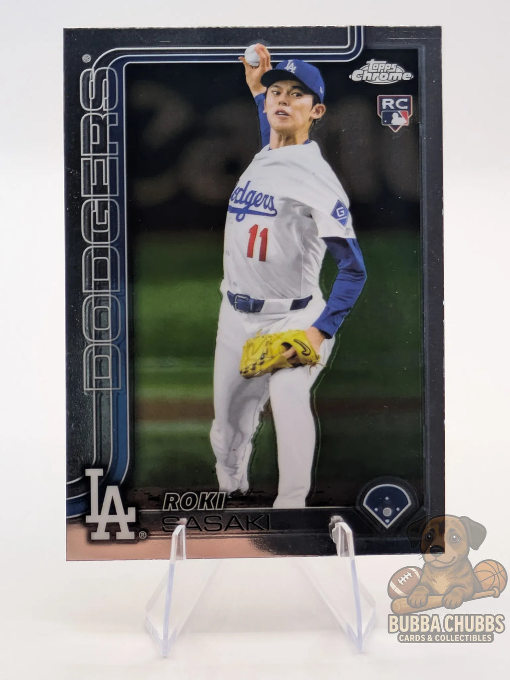 baseball trading card rookie Roki Sasaki from the LA Dodgers topps chrome