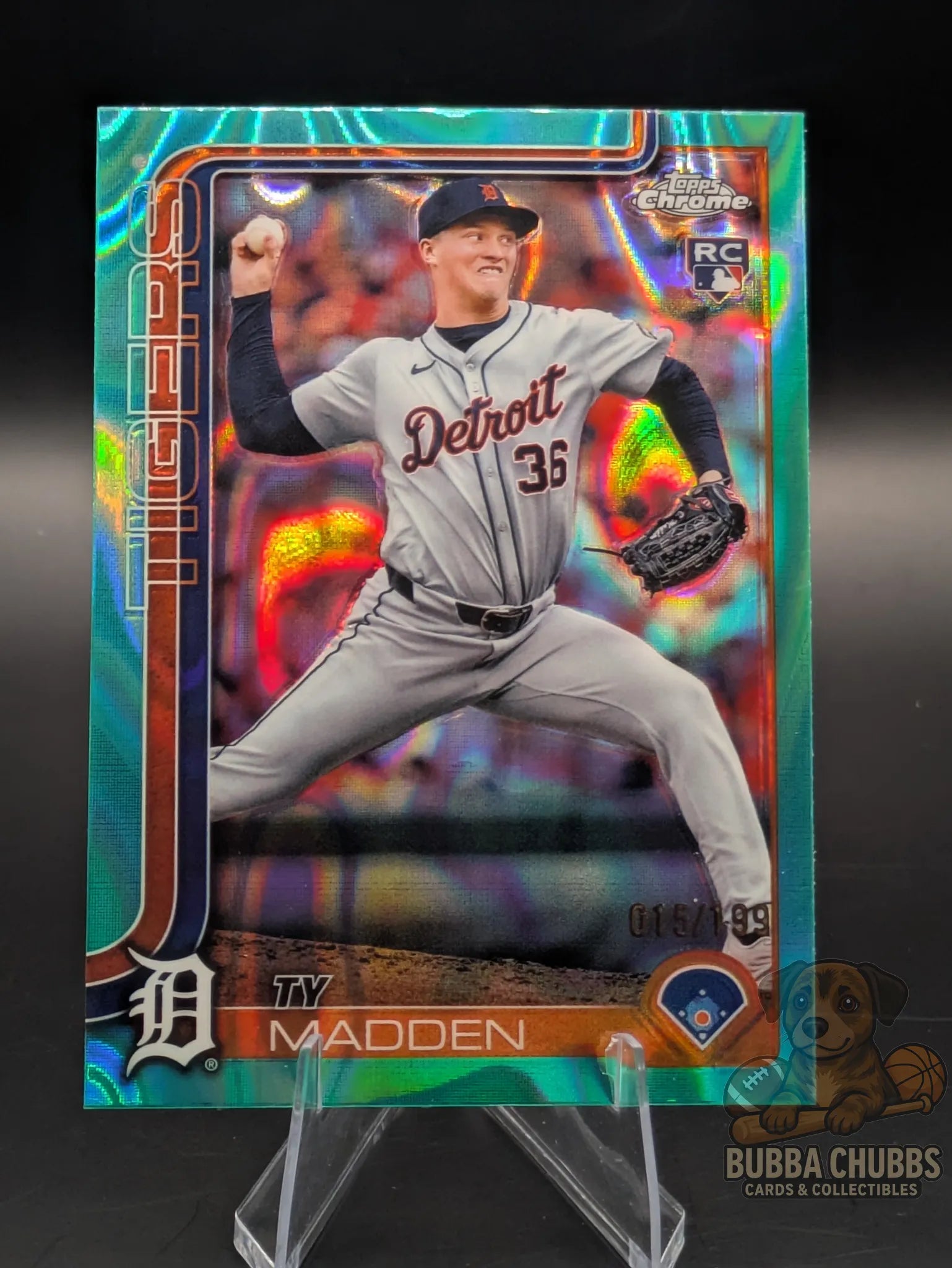 Baseball rookie trading card featuring Ty Madden of the Detroit Tigers Topps Chrome Rookie Aqua Refractor Parallel #285 015/199