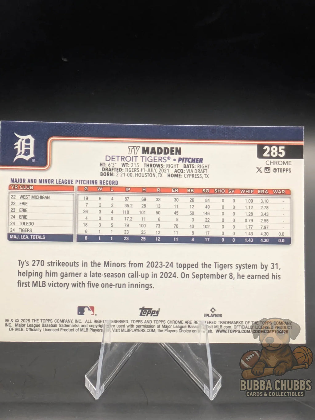 Baseball rookie trading card featuring Ty Madden of the Detroit Tigers Topps Chrome Rookie Aqua Refractor Parallel #285 015/199