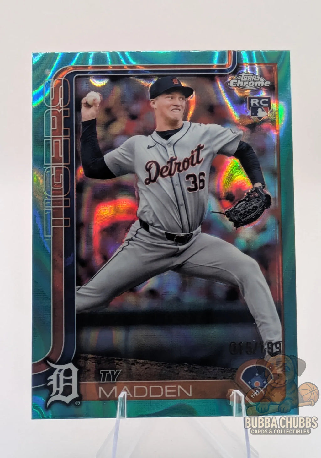 Baseball rookie trading card featuring Ty Madden of the Detroit Tigers Topps Chrome Rookie Aqua Refractor Parallel #285 015/199
