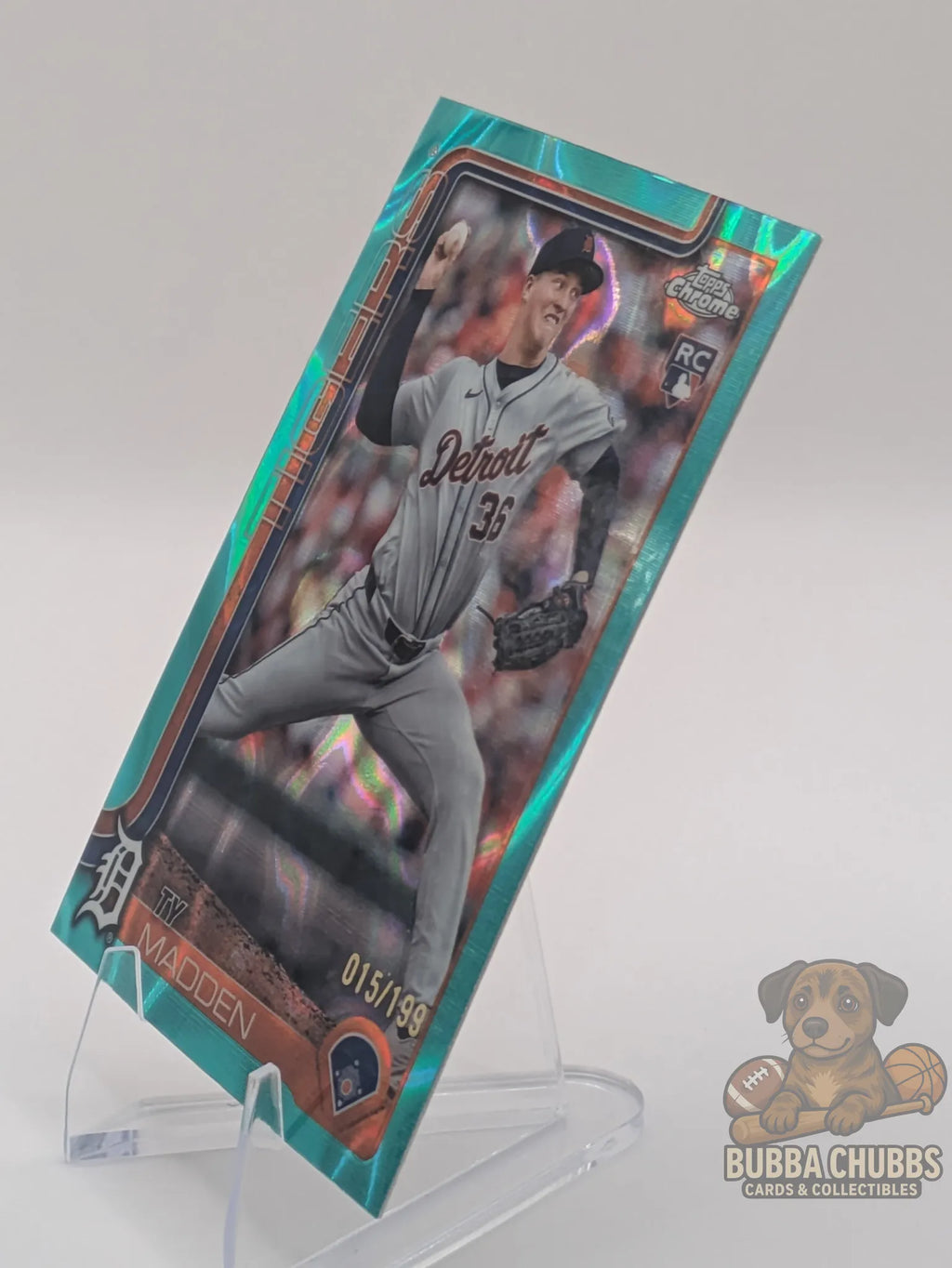 Baseball rookie trading card featuring Ty Madden of the Detroit Tigers Topps Chrome Rookie Aqua Refractor Parallel #285 015/199