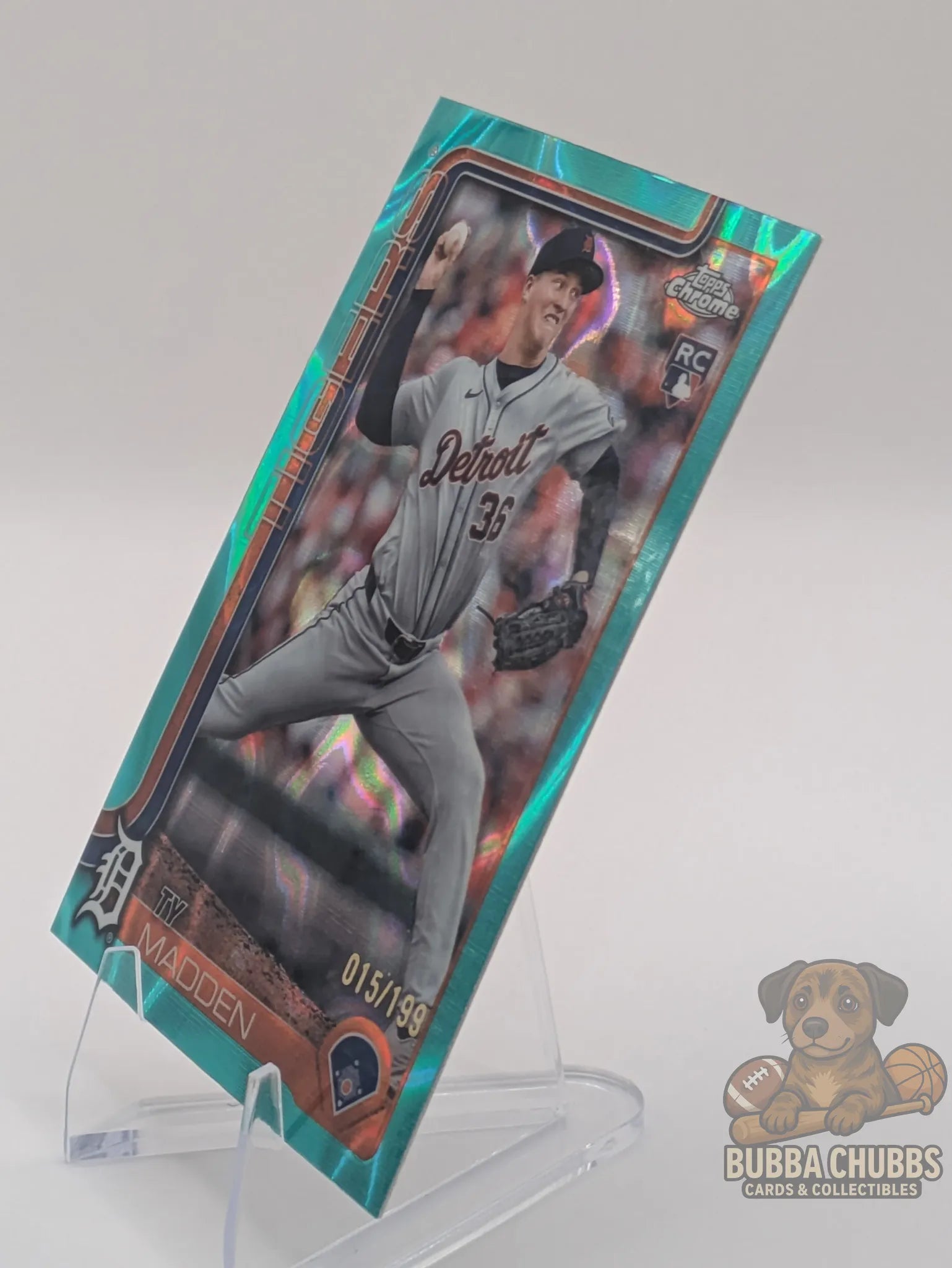 Baseball rookie trading card featuring Ty Madden of the Detroit Tigers Topps Chrome Rookie Aqua Refractor Parallel #285 015/199