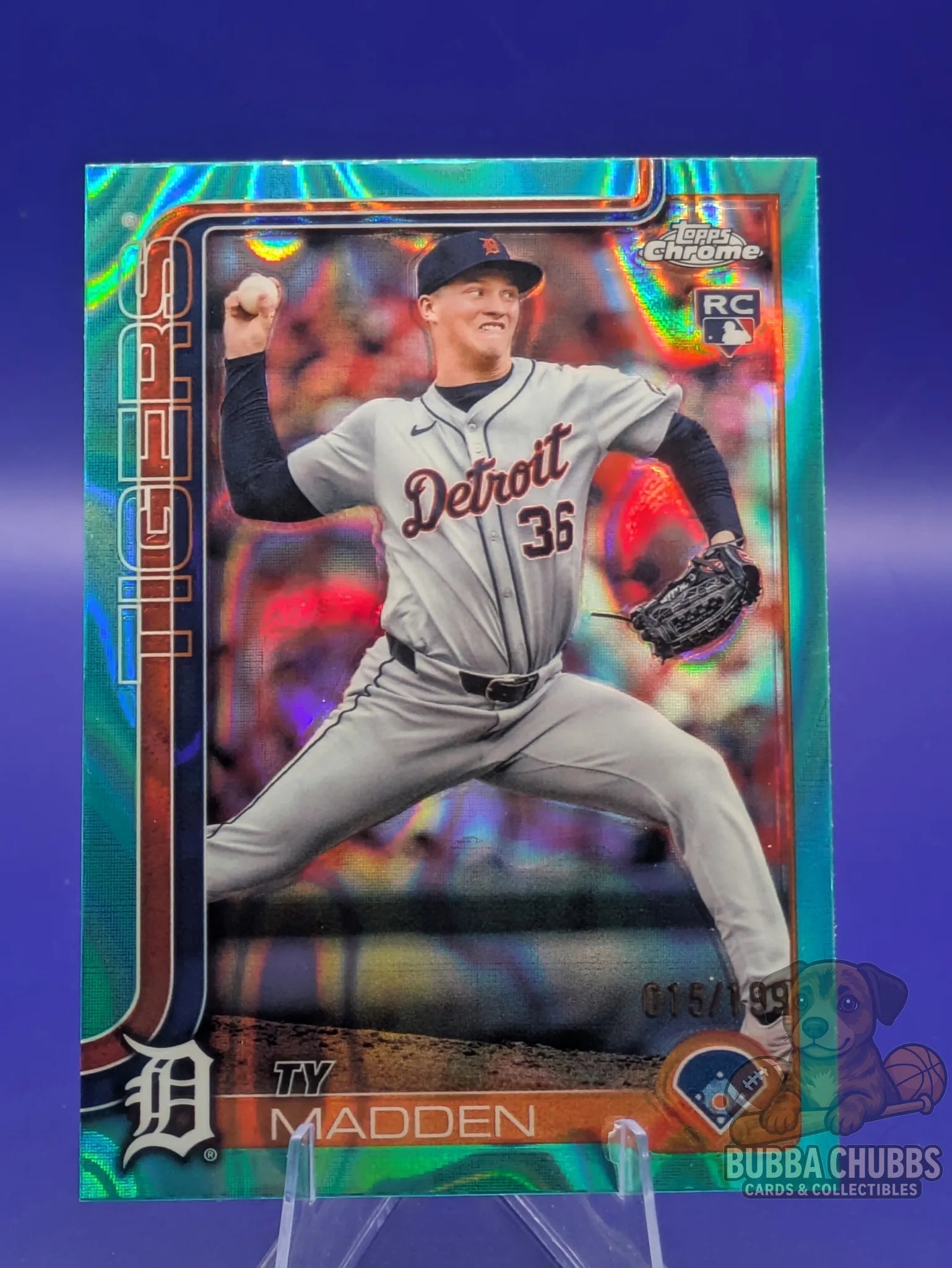 Baseball rookie trading card featuring Ty Madden of the Detroit Tigers Topps Chrome Rookie Aqua Refractor Parallel #285 015/199
