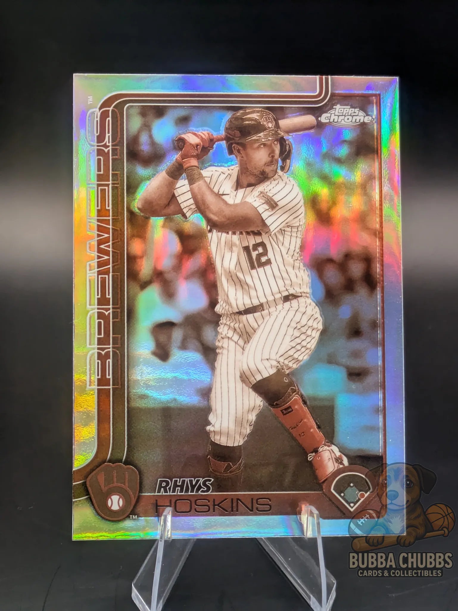 Baseball trading card featuring Rhys Hoskins of the Milwaukee Brewers Topps Chrome