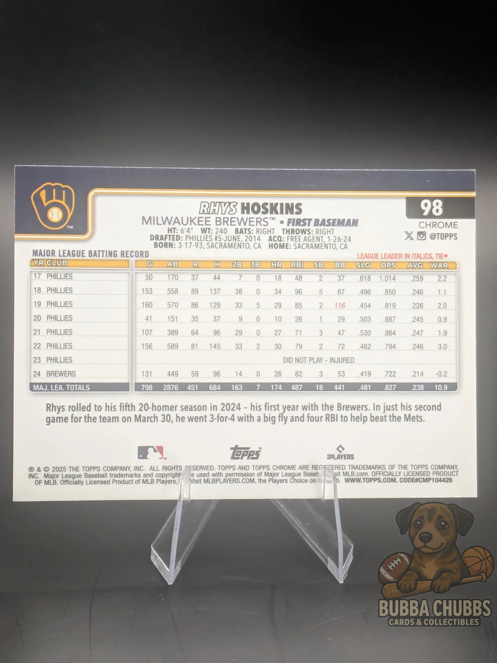 Baseball trading card featuring Rhys Hoskins of the Milwaukee Brewers Topps Chrome