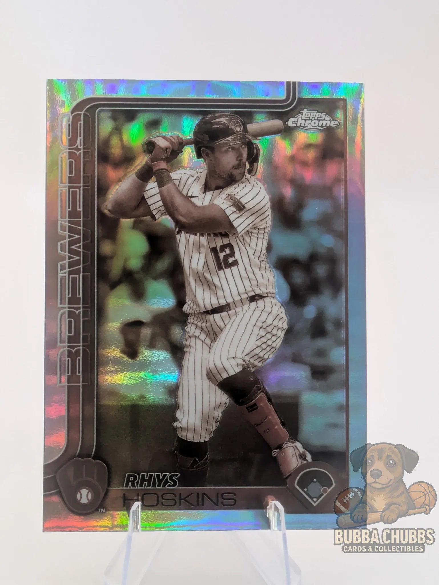 Baseball trading card featuring Rhys Hoskins of the Milwaukee Brewers Topps Chrome