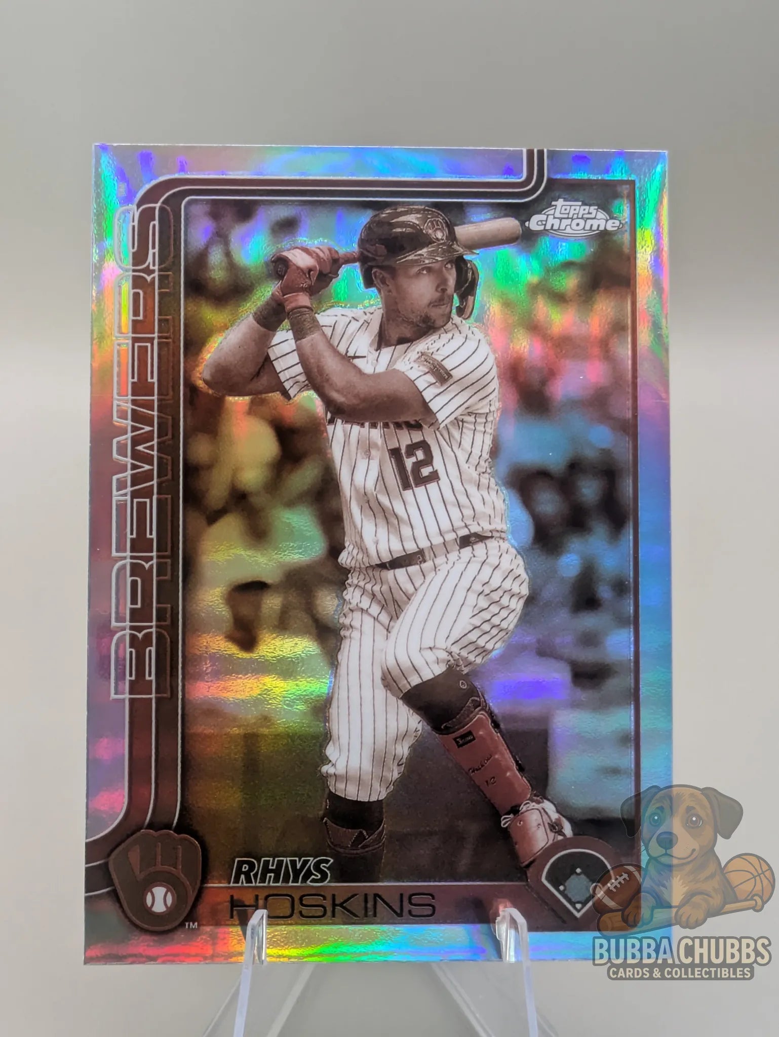 Baseball trading card featuring Rhys Hoskins of the Milwaukee Brewers Topps Chrome