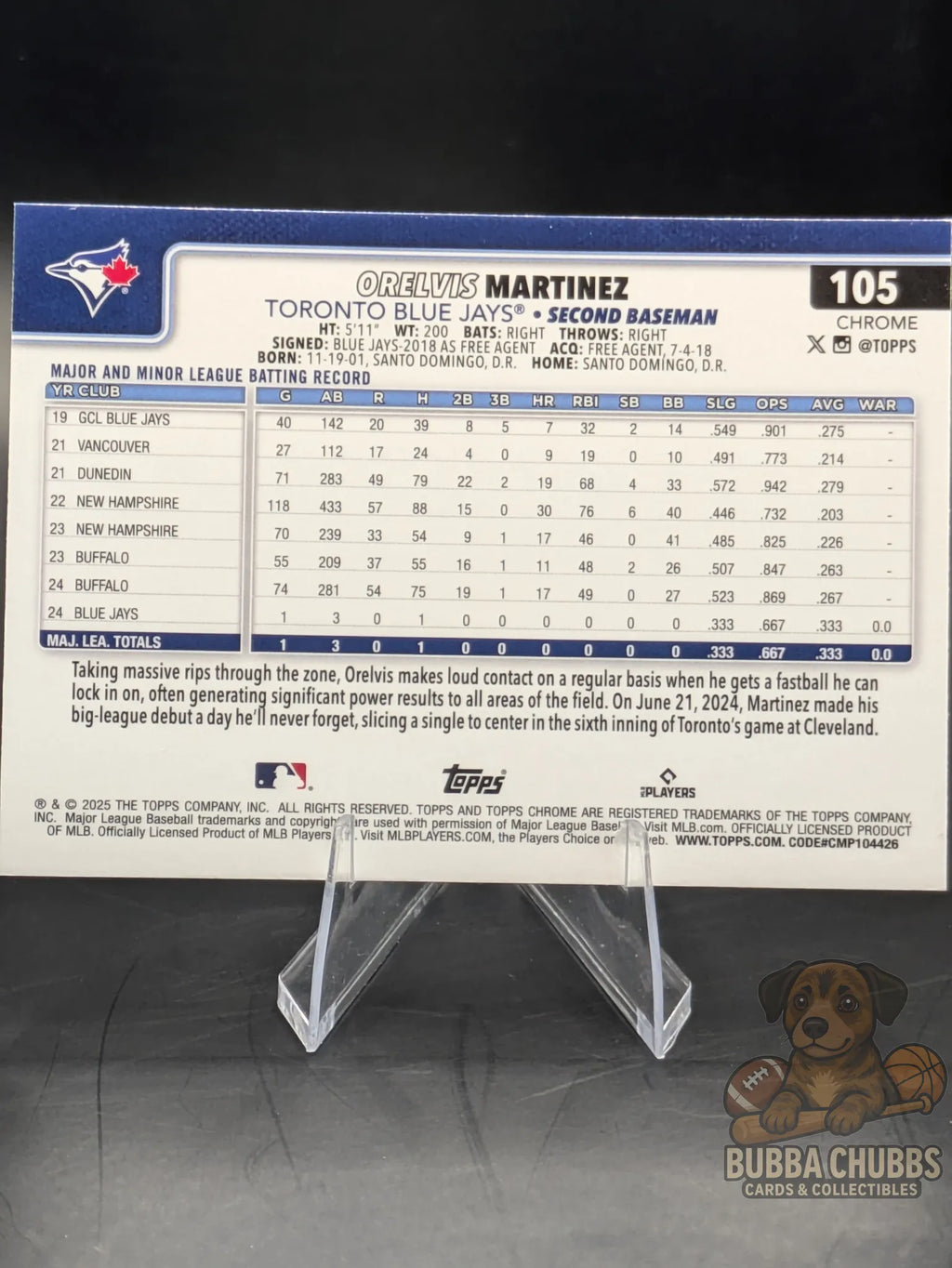 Baseball card featuring Orelvis Marinez rookie on the Toronto Blue Jays Topps Chrome