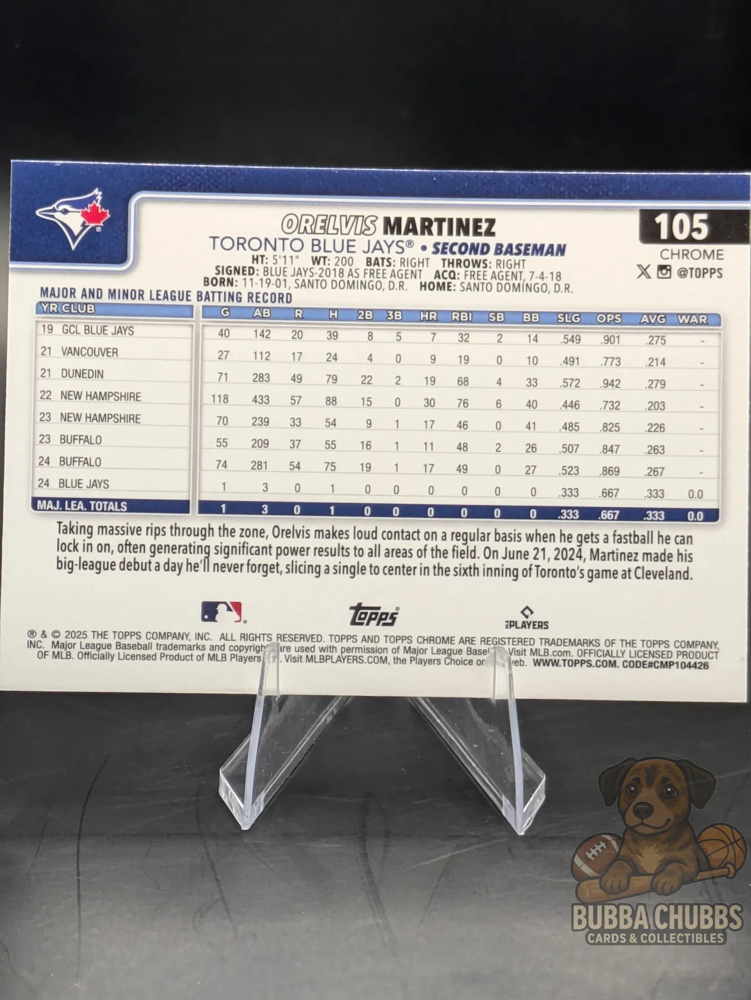 Baseball card featuring Orelvis Marinez rookie on the Toronto Blue Jays Topps Chrome