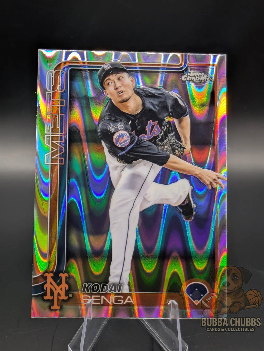 Baseball trading card featuring Kodai Senga of the New York Mets topps chrome silver ray wave