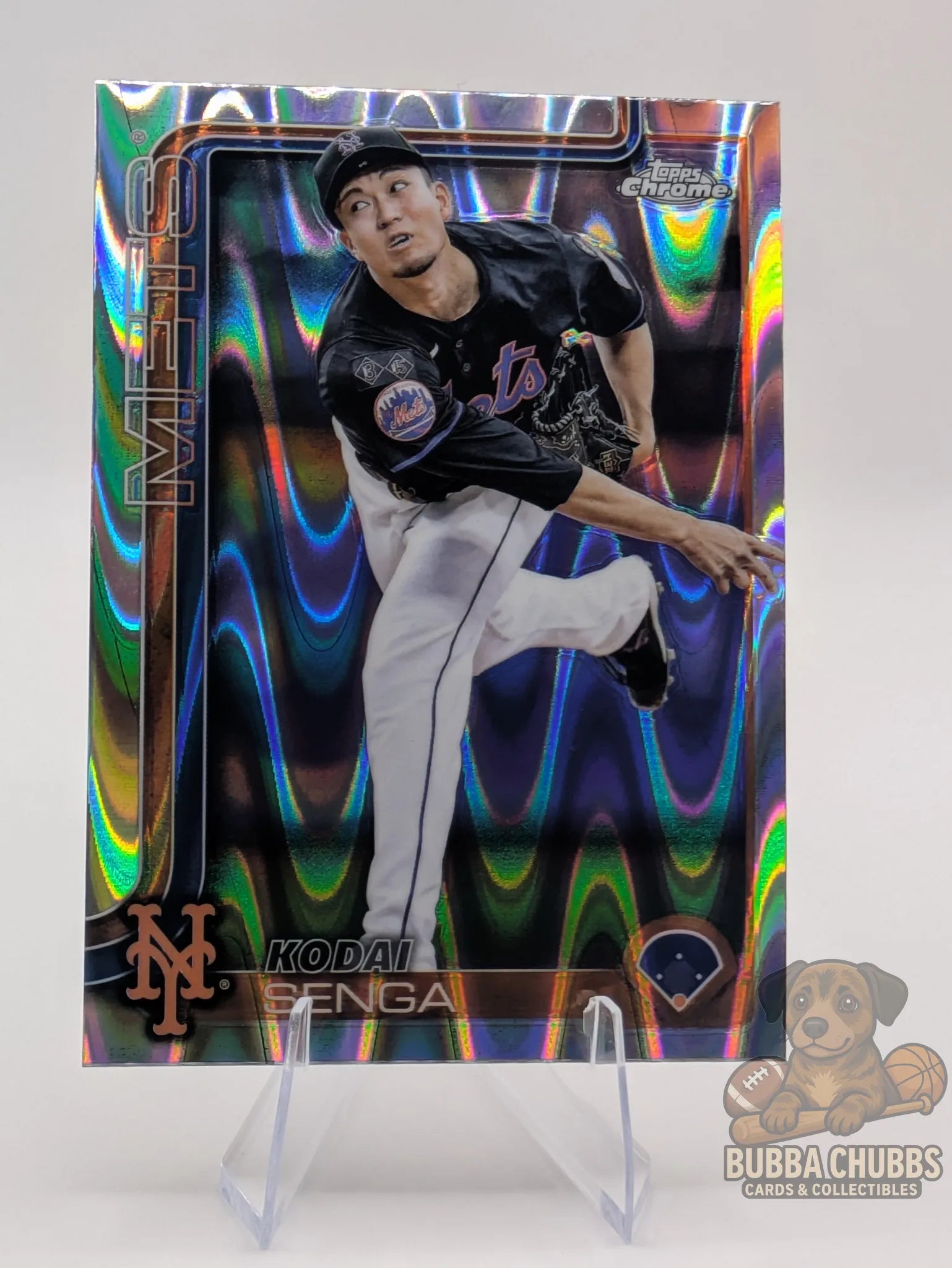 Baseball trading card featuring Kodai Senga of the New York Mets topps chrome silver ray wave
