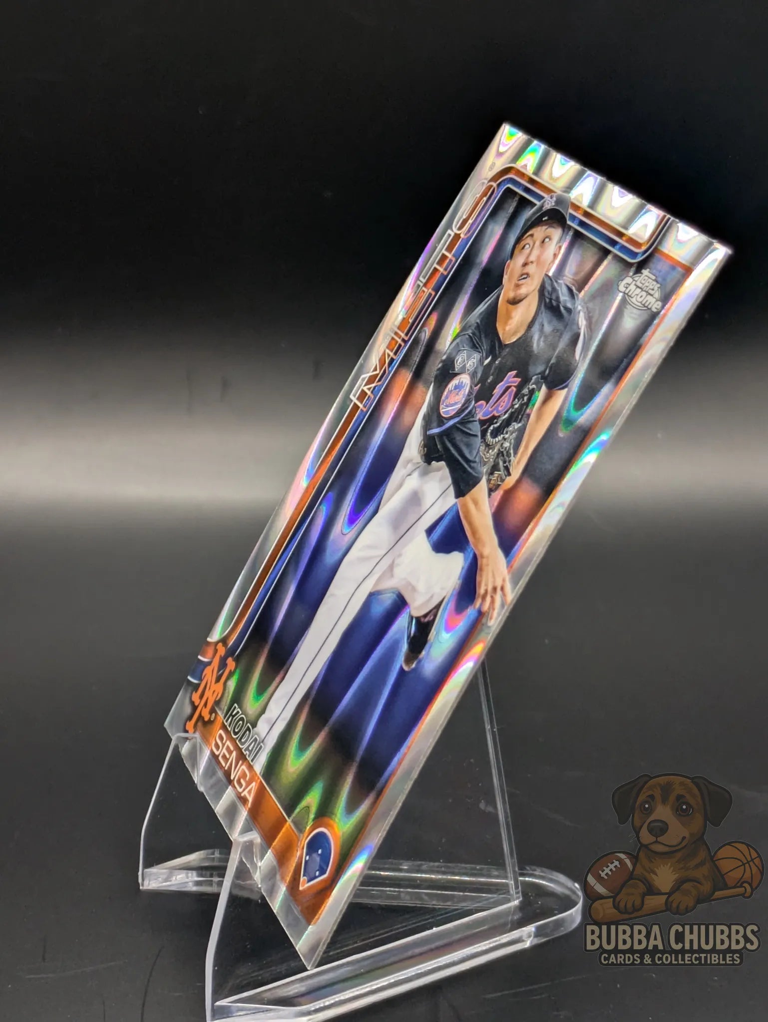 Baseball trading card featuring Kodai Senga of the New York Mets topps chrome silver ray wave