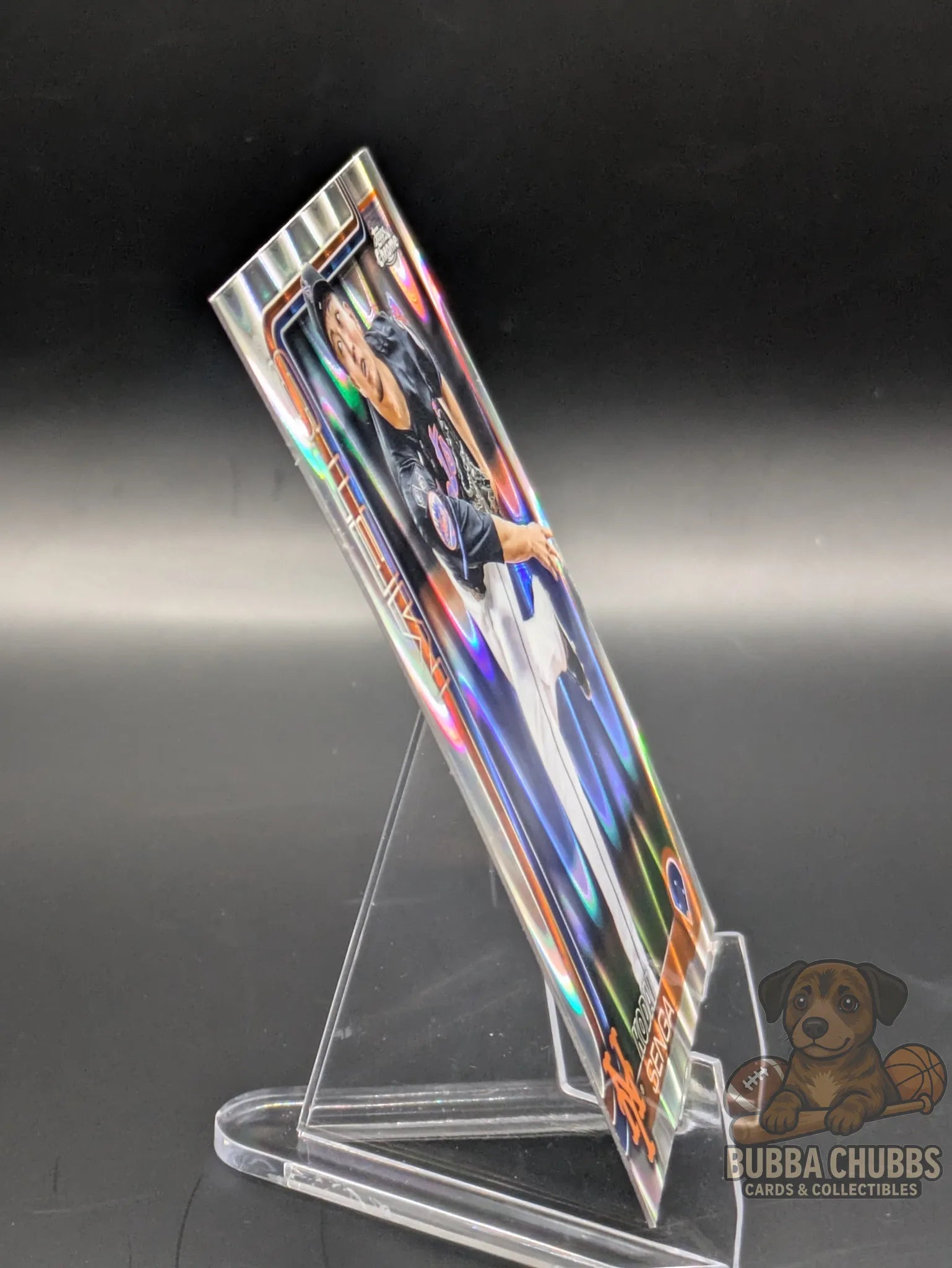 Baseball trading card featuring Kodai Senga of the New York Mets topps chrome silver ray wave