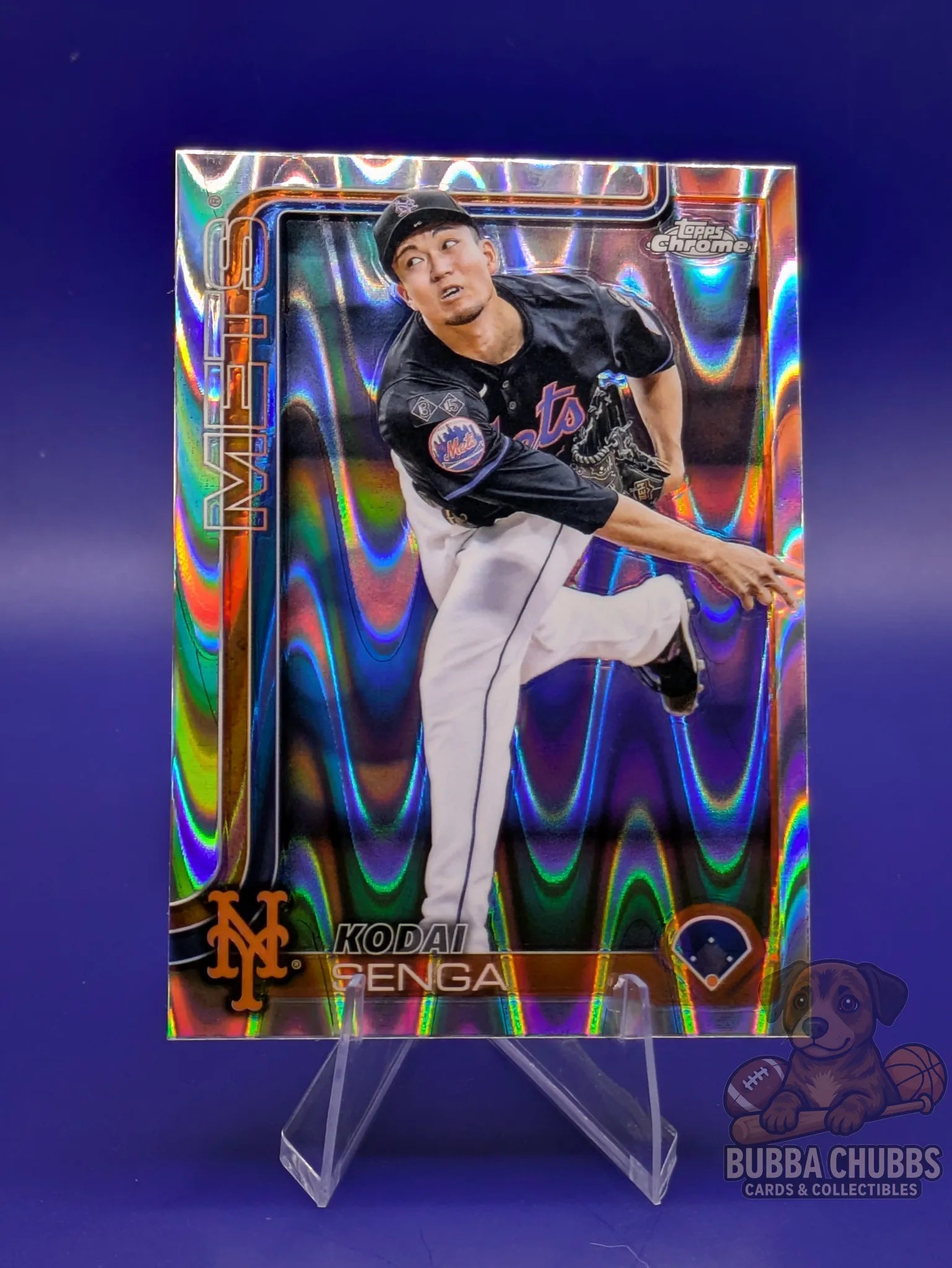 Baseball trading card featuring Kodai Senga of the New York Mets topps chrome silver ray wave