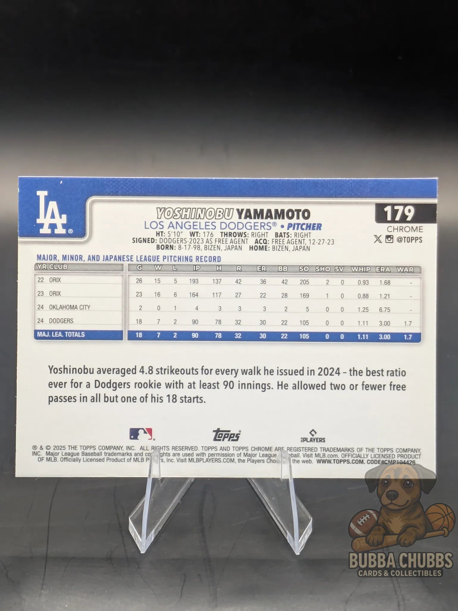 Baseball trading card Yoshinobu Yamamoto with the Los Angeles Dodgers