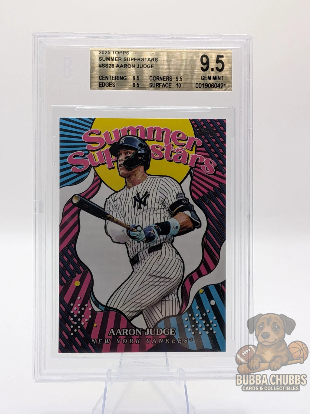 Trading card of Aaron Judge of the NY Yankees topps summer superstars insert BGS 9.5