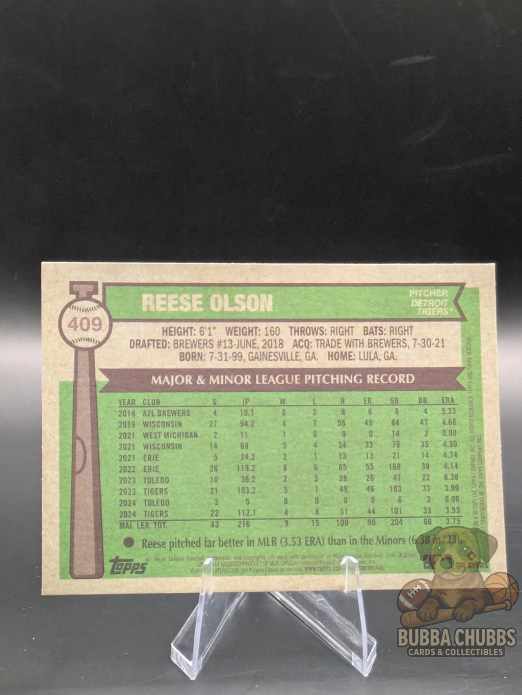Baseball trading card of Reese Olson topps heritage green parallel