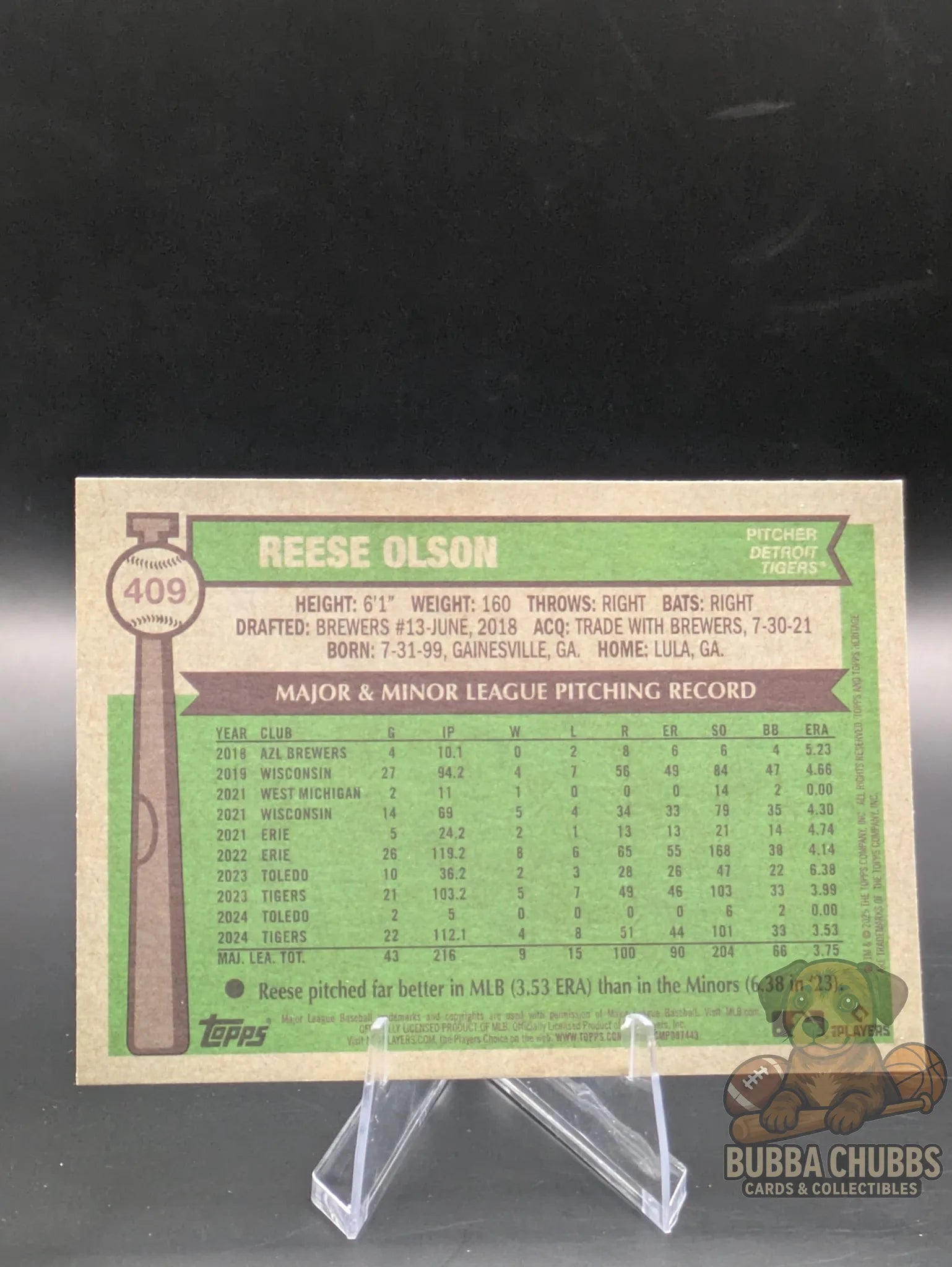 Baseball trading card of Reese Olson topps heritage green parallel