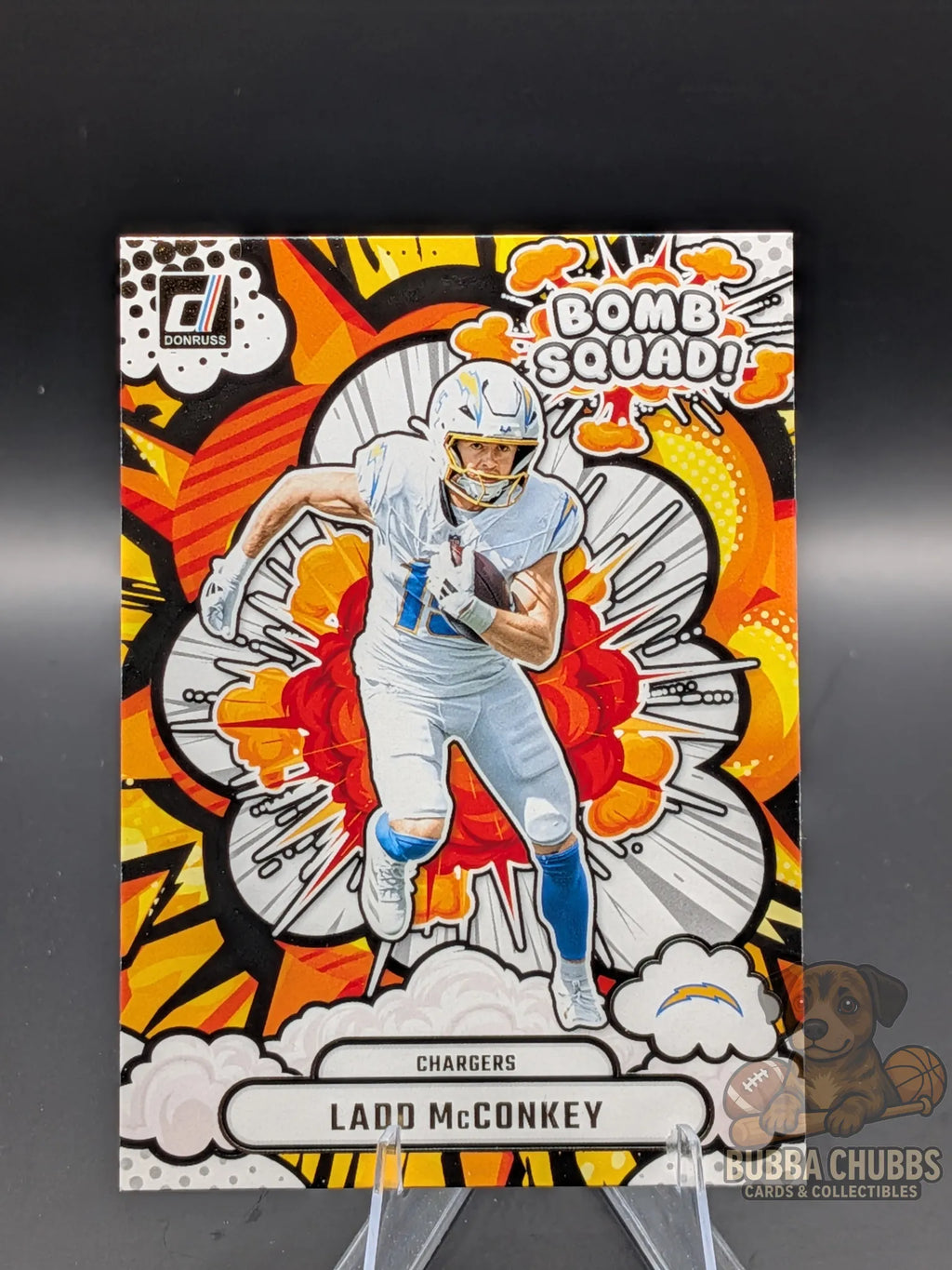 Collectible football card featuring Ladd McConkey of the San Diego Chargers panini donruss bomb sqaud insert rookie 