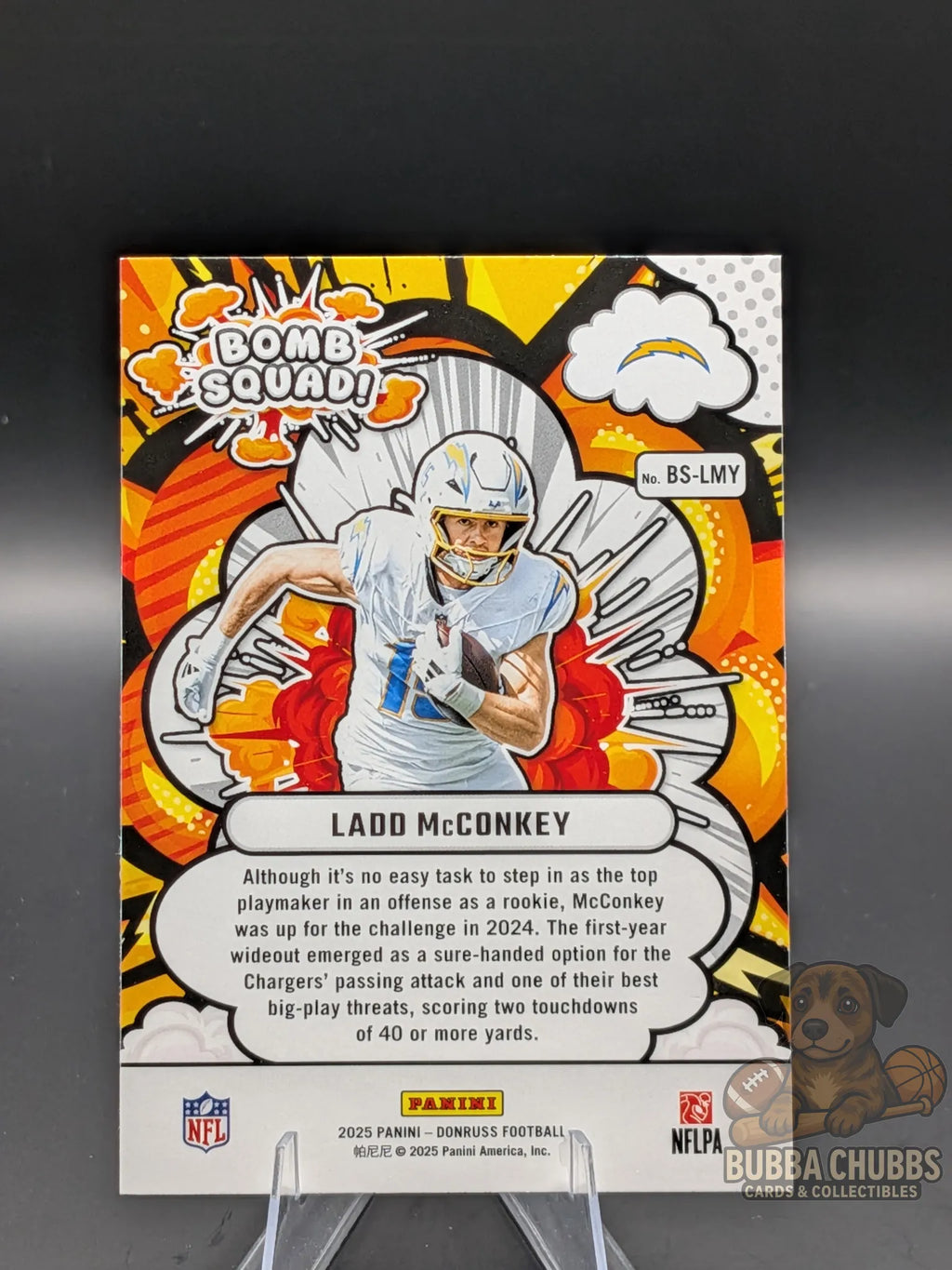 Collectible football card featuring Ladd McConkey of the San Diego Chargers panini donruss bomb sqaud insert rookie 