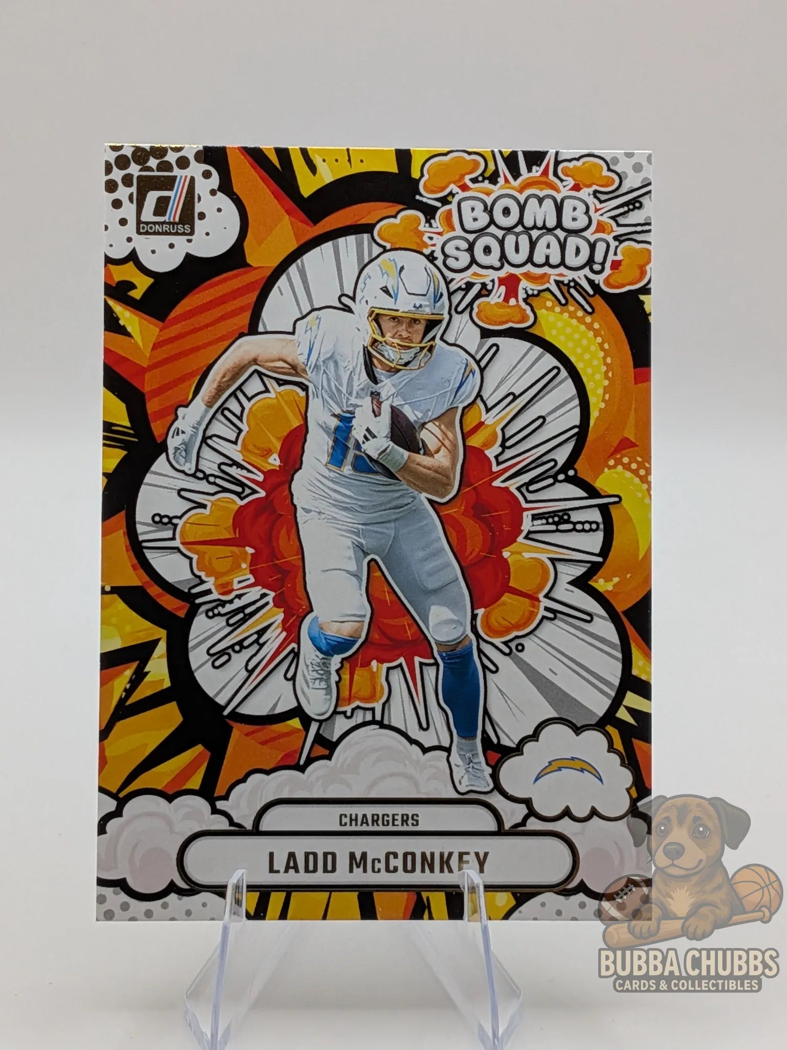 Collectible football card featuring Ladd McConkey of the San Diego Chargers panini donruss bomb sqaud insert rookie 