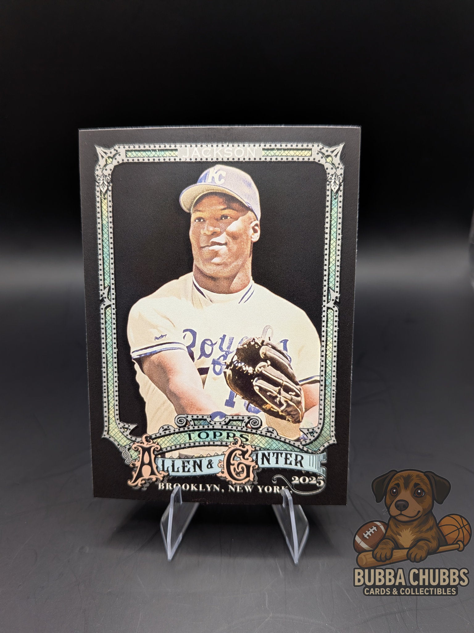 Baseball card of bo jackson in a royals uniform topps allen & ginter black parallel