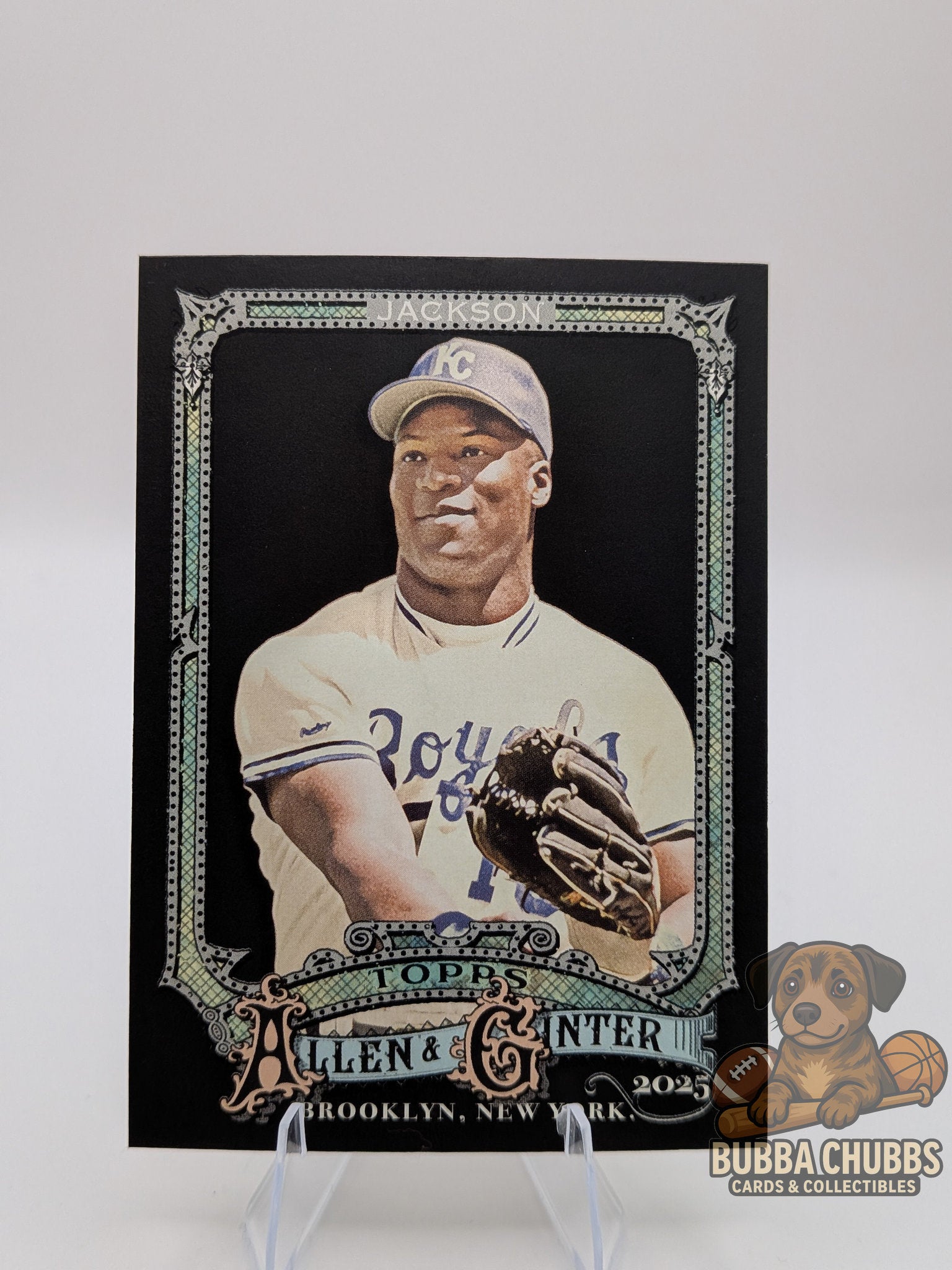 Baseball card of bo jackson in a royals uniform topps allen & ginter black parallel