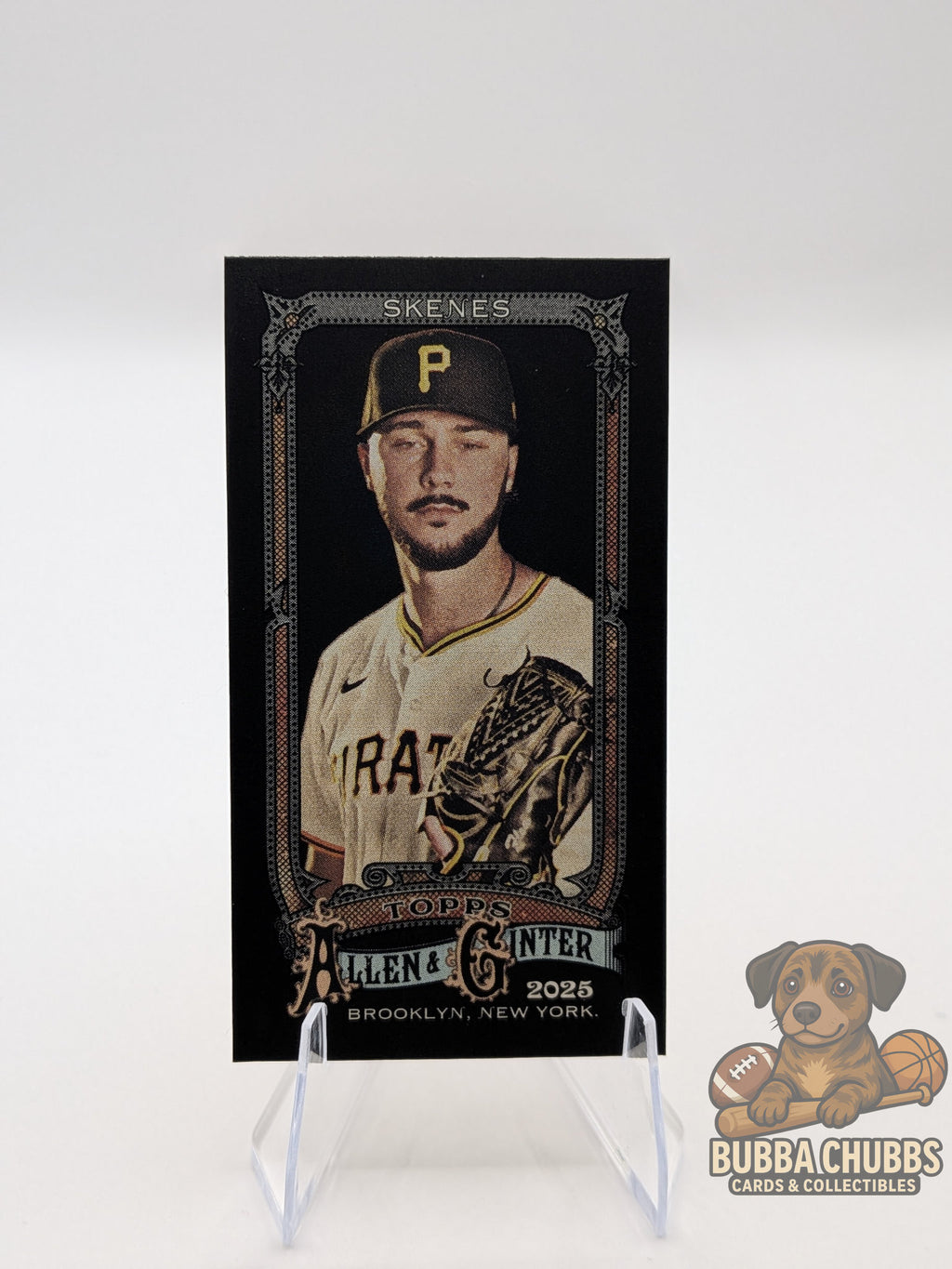Baseball trading card of a paul skenes topps allen and ginter x black mini insert