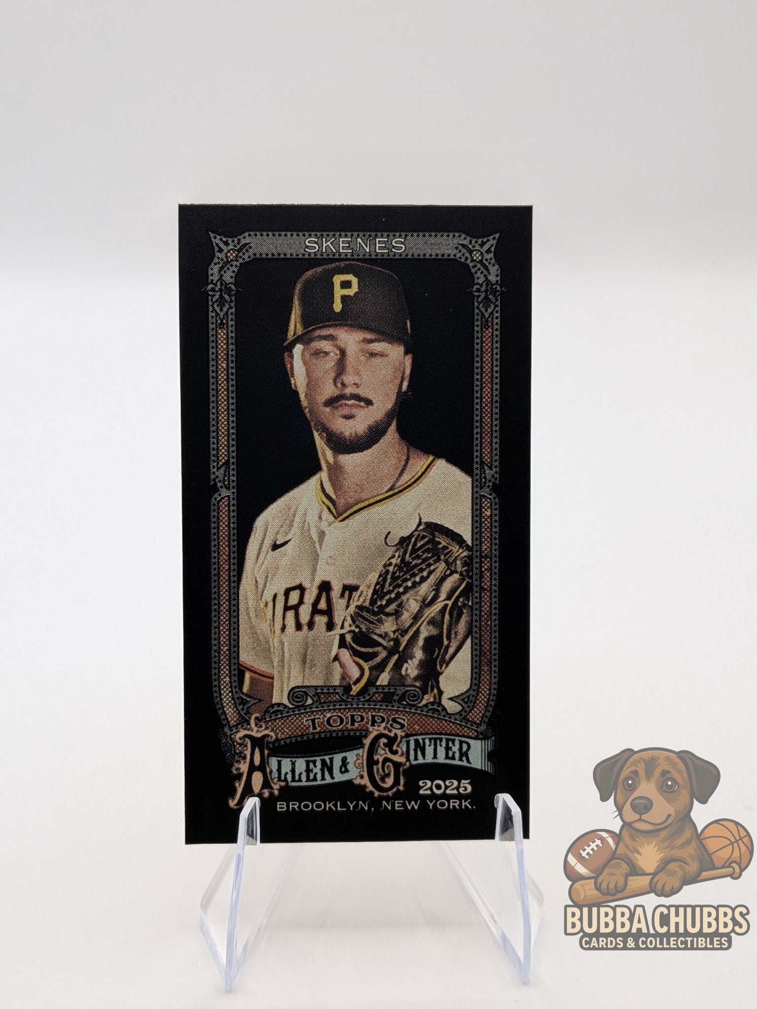 Baseball trading card of a paul skenes topps allen and ginter x black mini insert