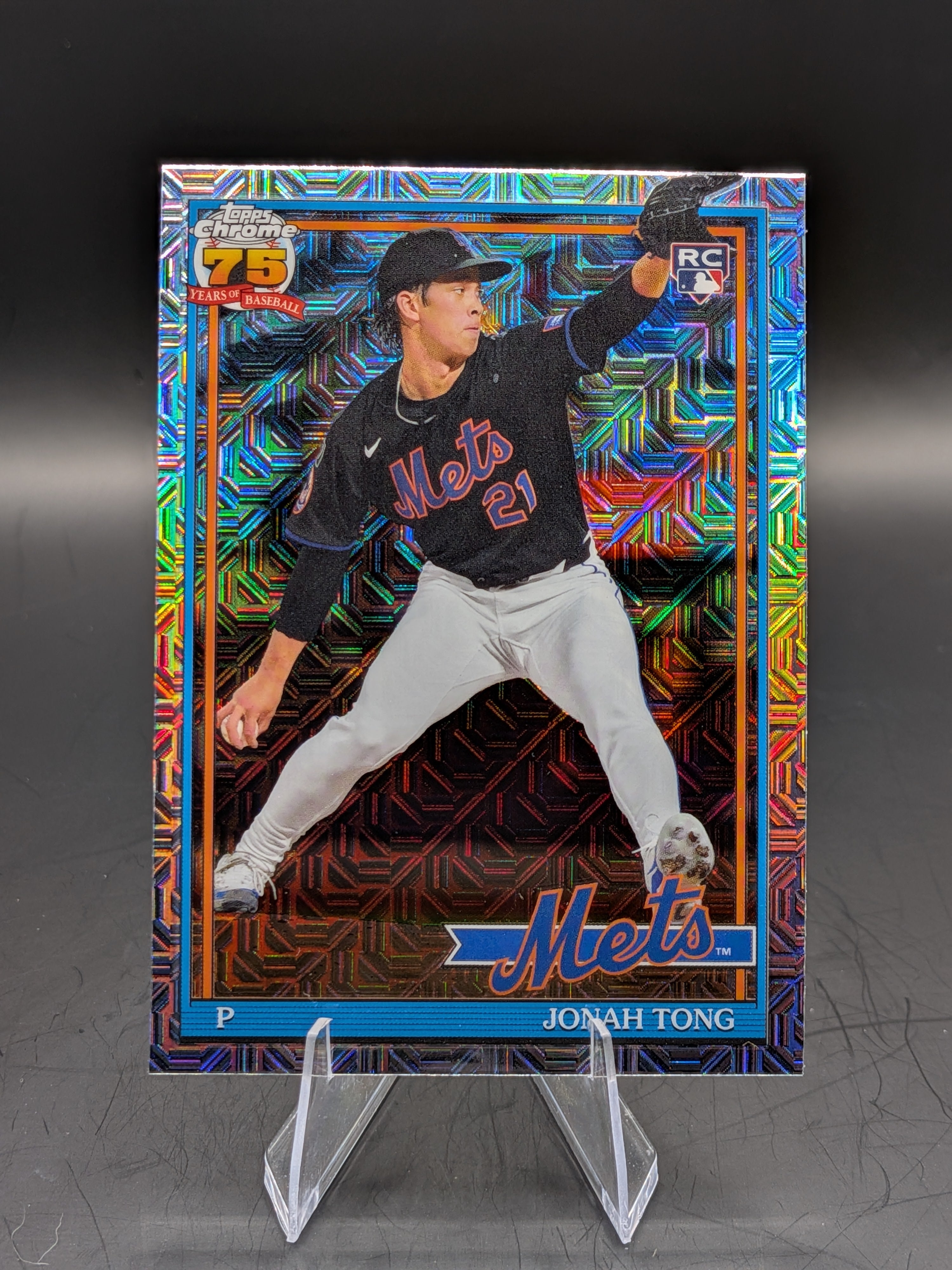 Baseball trading card of a Jonah Tong Topps Chrome Mojo Refractor Rookie