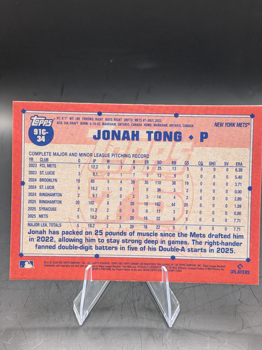 Baseball trading card of a Jonah Tong Topps Chrome Mojo Refractor Rookie