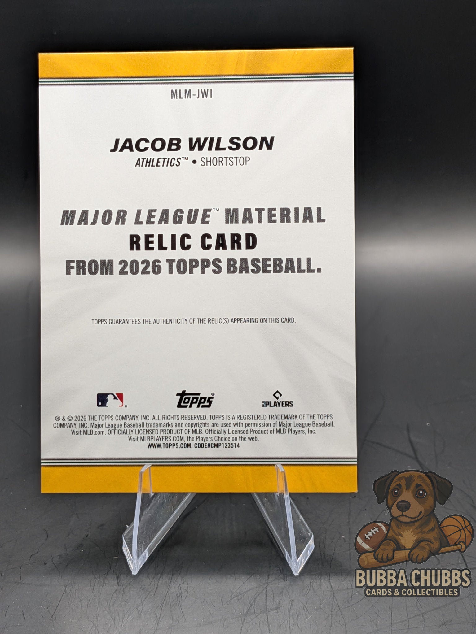 Baseball trading card of Jacob Wilson topps series 1 relic 