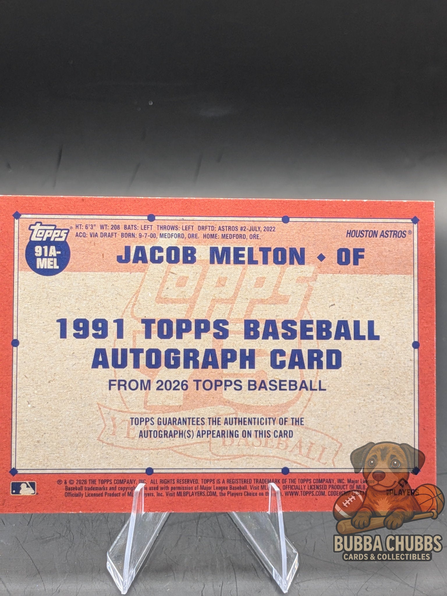 Baseball trading card of Jacob Melton topps series 1 numbered rookie 75th anniversary autographed