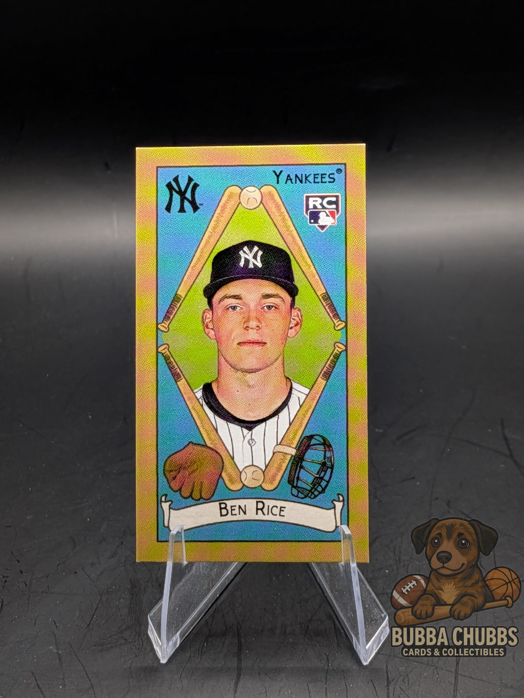 Baseball trading card of Ben Rice with New York Yankees topps t-205 rookie mini sweet caporal back