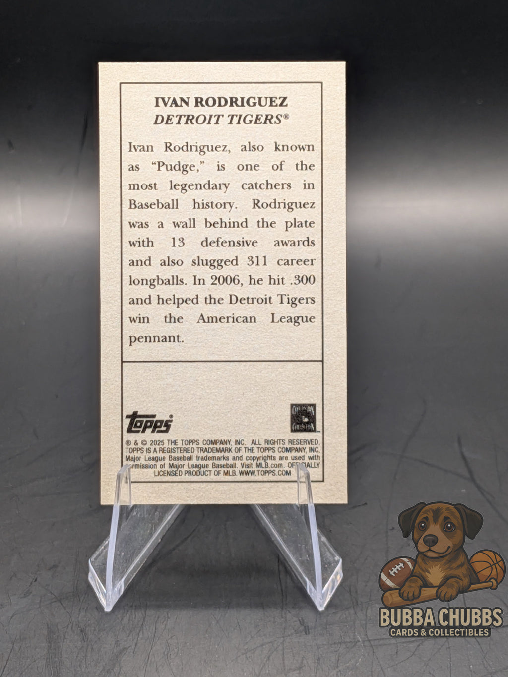 Baseball card back featuring Ivan Rodriguez with Topps T-205 mini