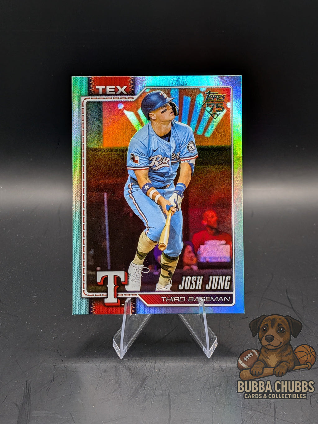 Baseball trading card of Josh Jung Topps 75th Anniversary aqua parallel